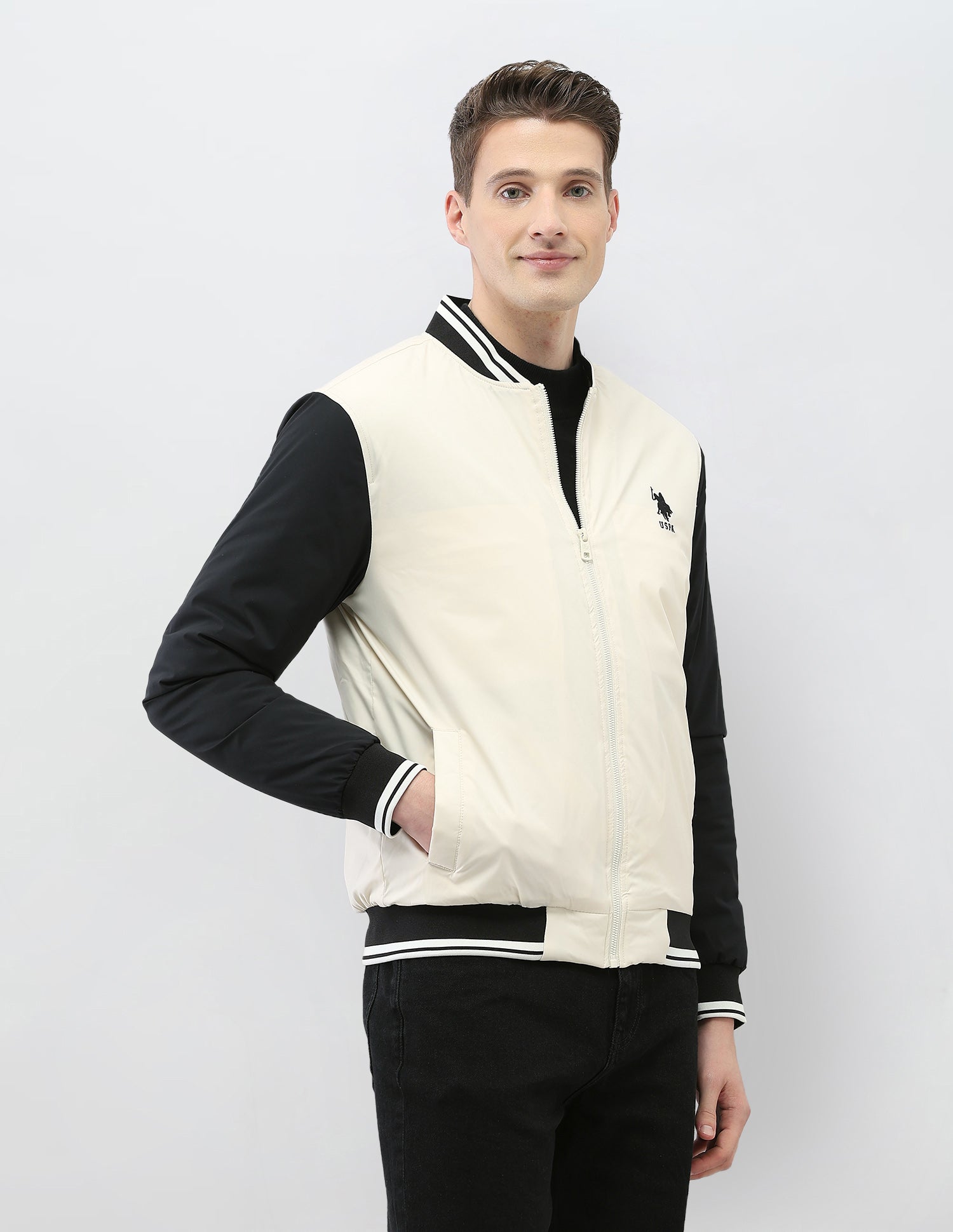 Colour Blocked Regular Fit Varsity Jacket Ivory - U.S. Polo Assn. India | Large