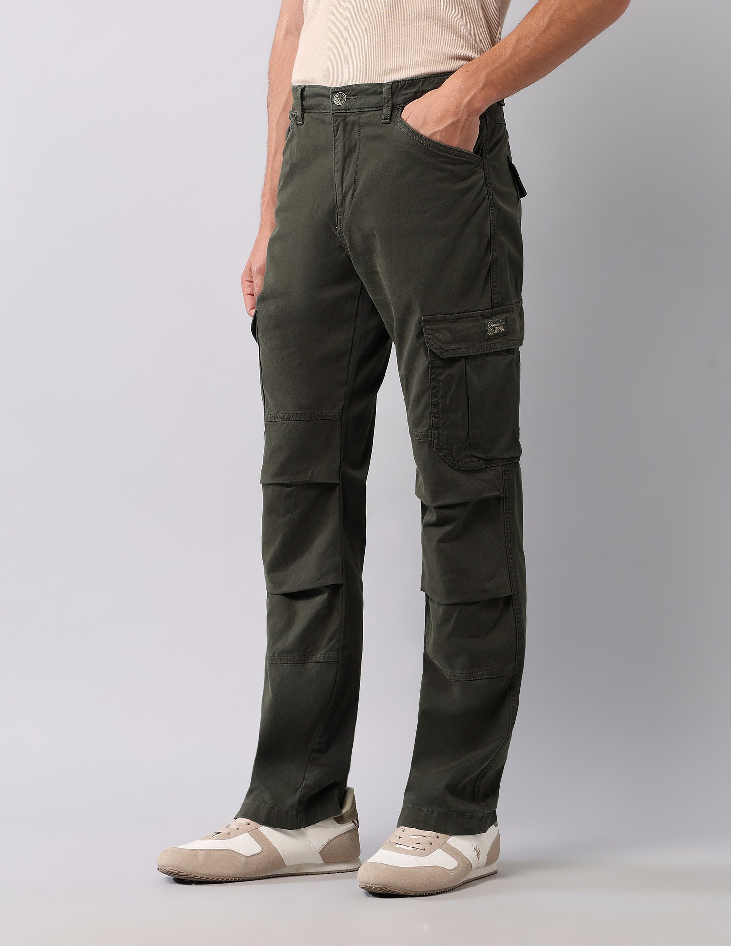 Pure Cotton Solid Cargos Olive - U.S. Polo Assn. India | Large
