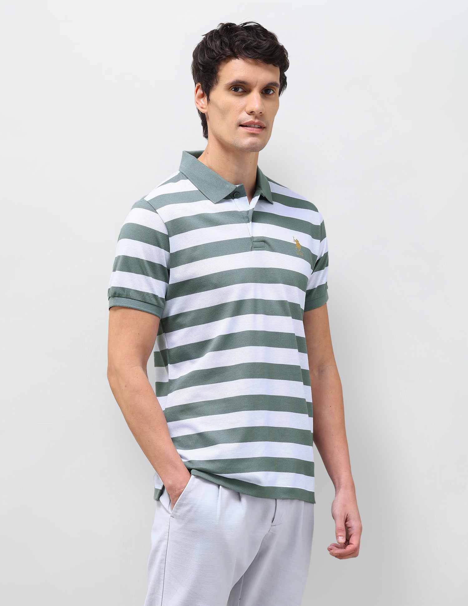 Horizontal Striped Slim Fit Polo Shirt Light Green - U.S. Polo Assn. India | Large