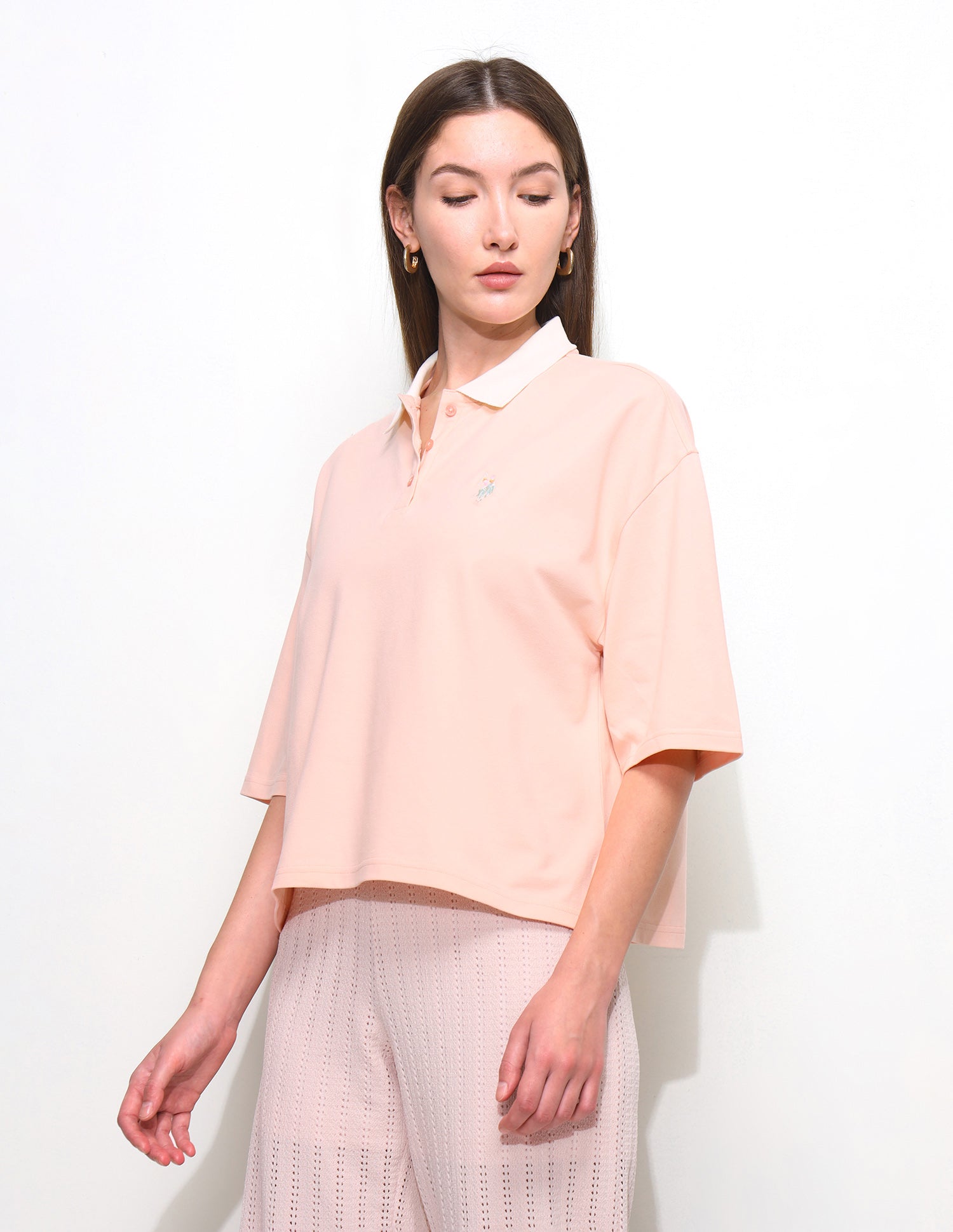 Solid Oversized Fit Contrast Collar Polo Shirt Light Pink - U.S. Polo Assn. India | Large
