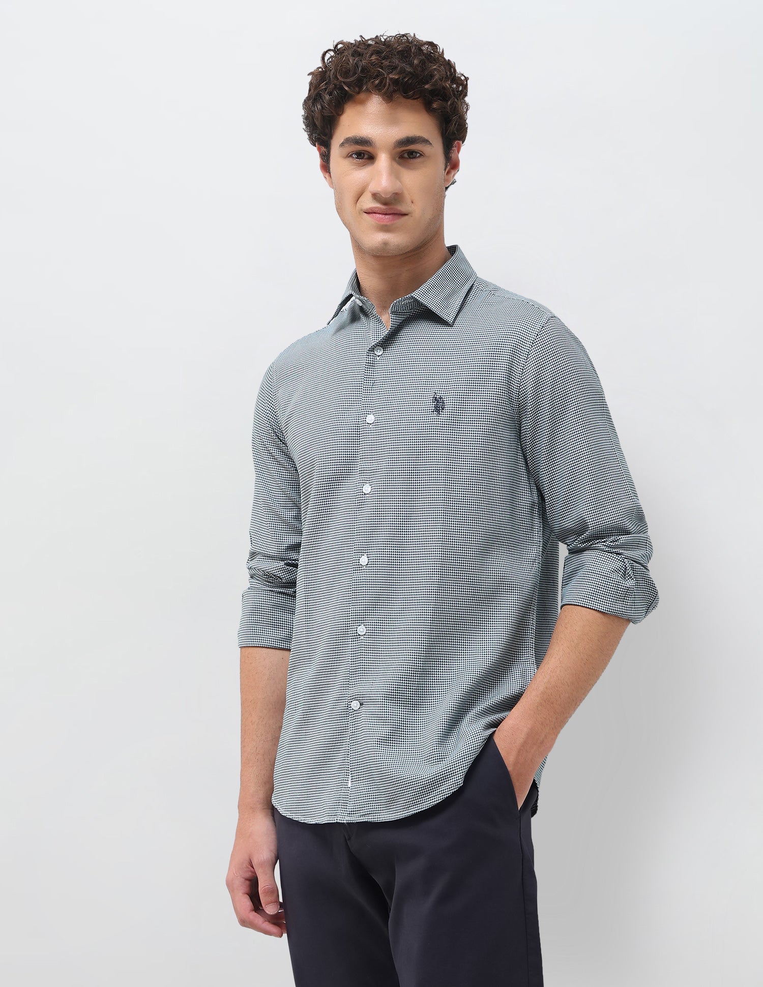 Self Design Houndstooth Twill Shirt Green - U.S. Polo Assn. India | Large