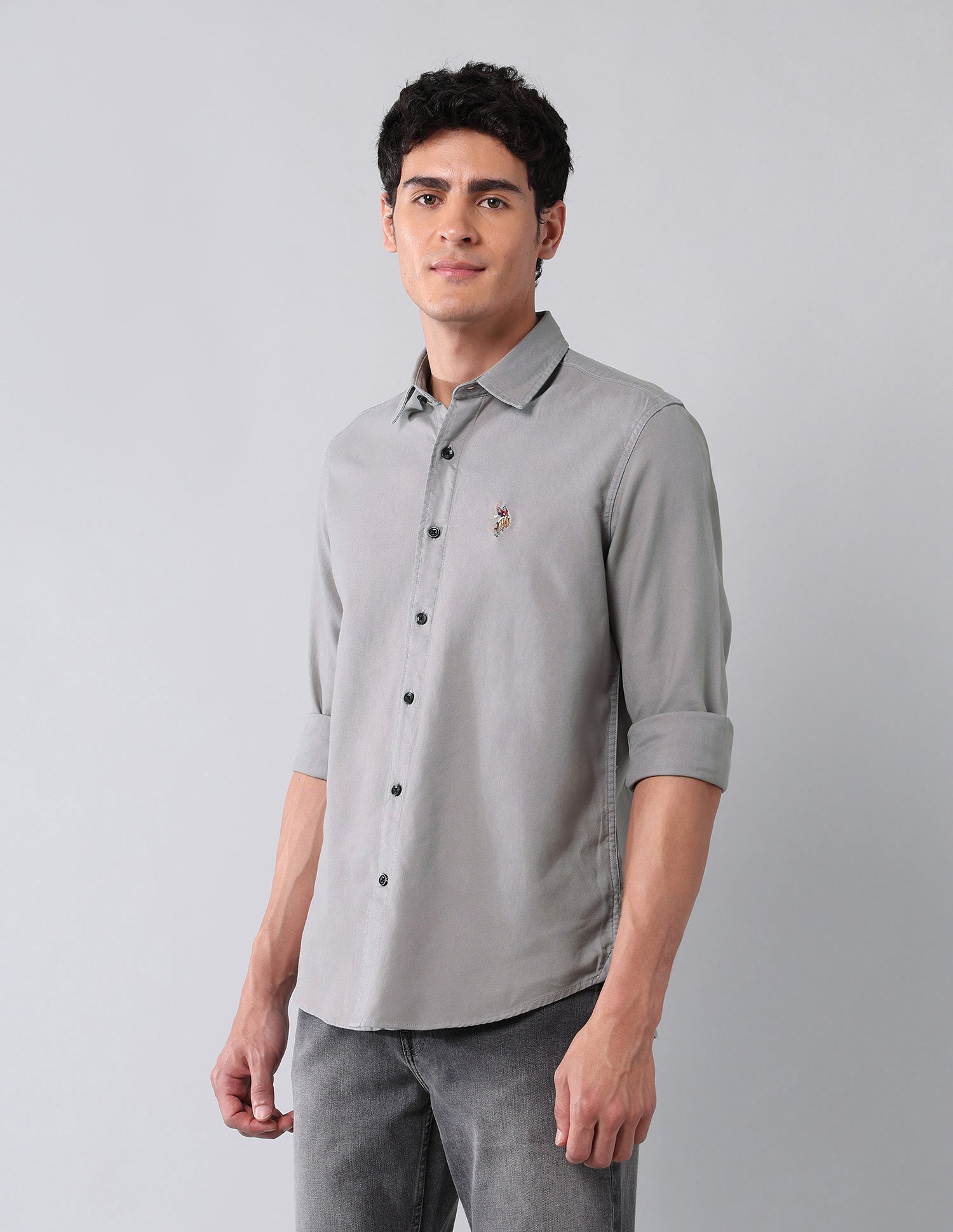 Pure Cotton Regular Fit Twill Shirt Grey - U.S. Polo Assn. India | Large