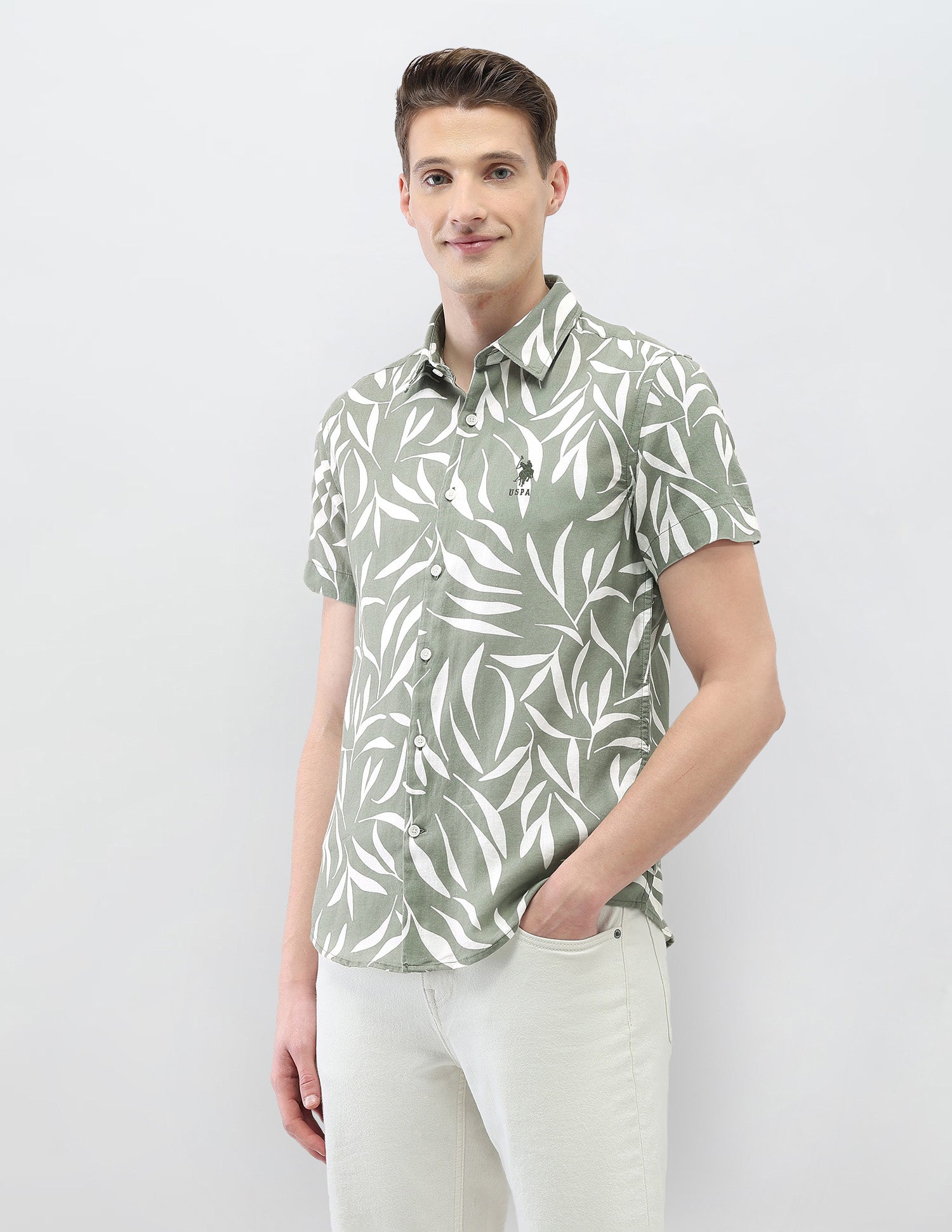 Tropical Printed Motel On The Coast Shirt Light Green - U.S. Polo Assn. India | Large