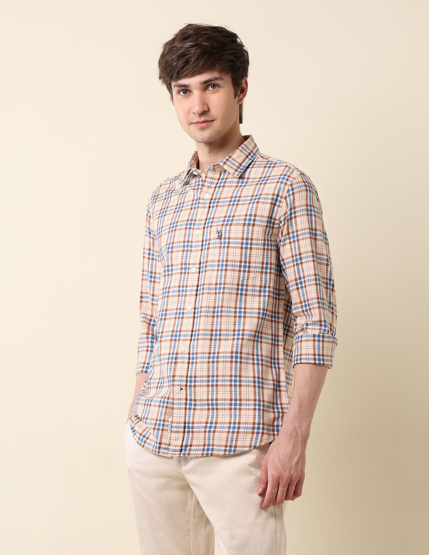 Tartan Checked Pure Cotton Shirt Light Orange - U.S. Polo Assn. India | Large
