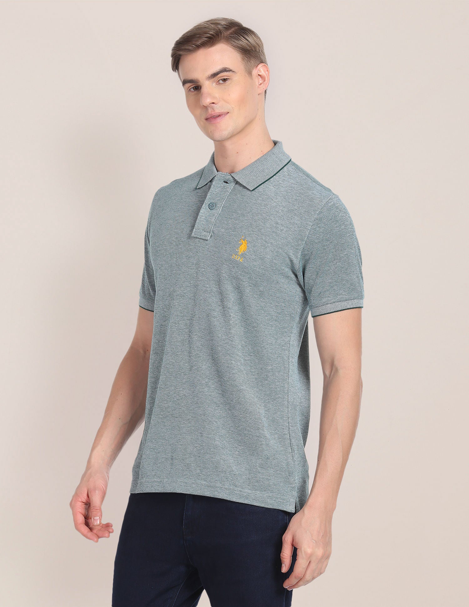 Tipped Collar Heathered Polo Shirt Green - U.S. POLO ASSN. | Large