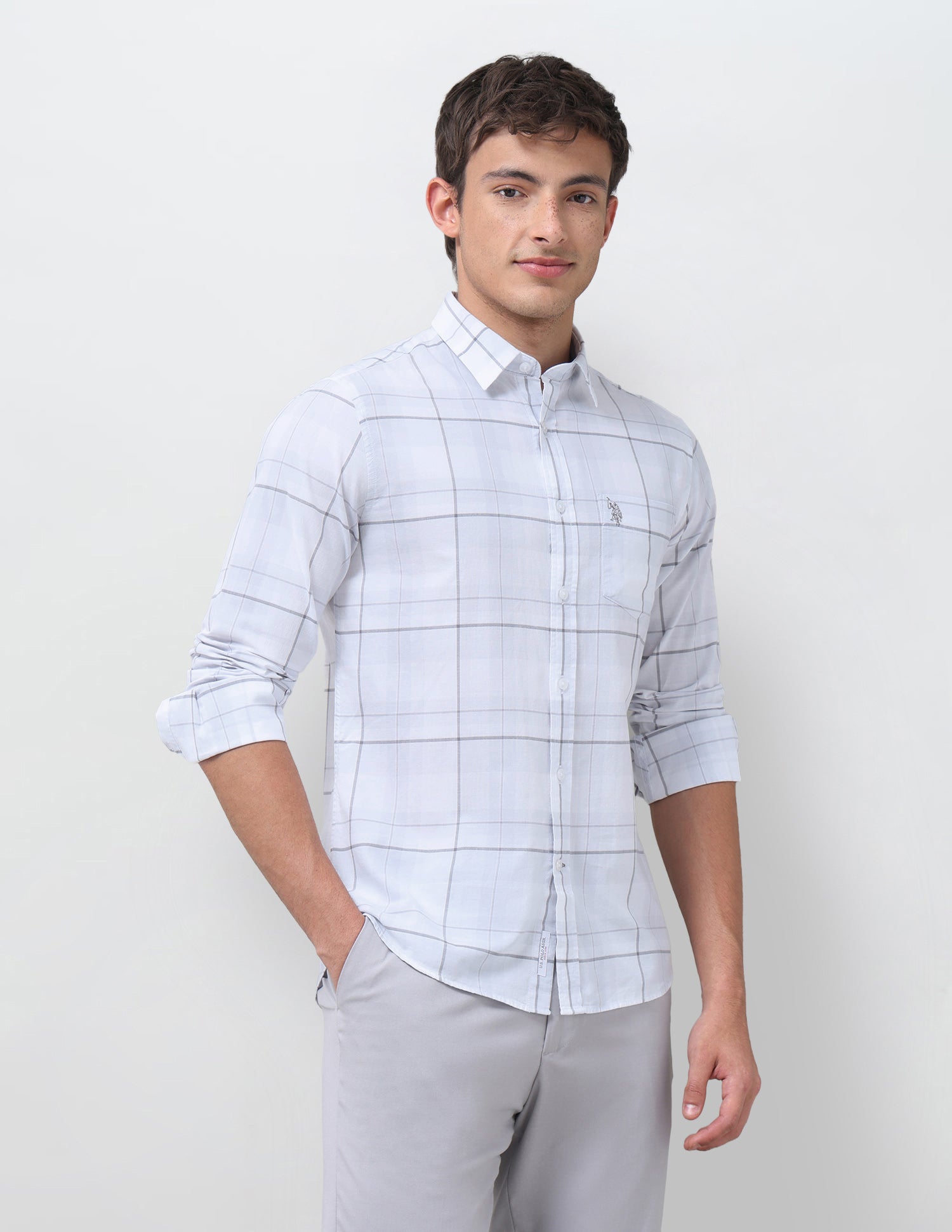 Windowpane Checked Regular Fit Shirt Light Grey - U.S. Polo Assn. India | Large