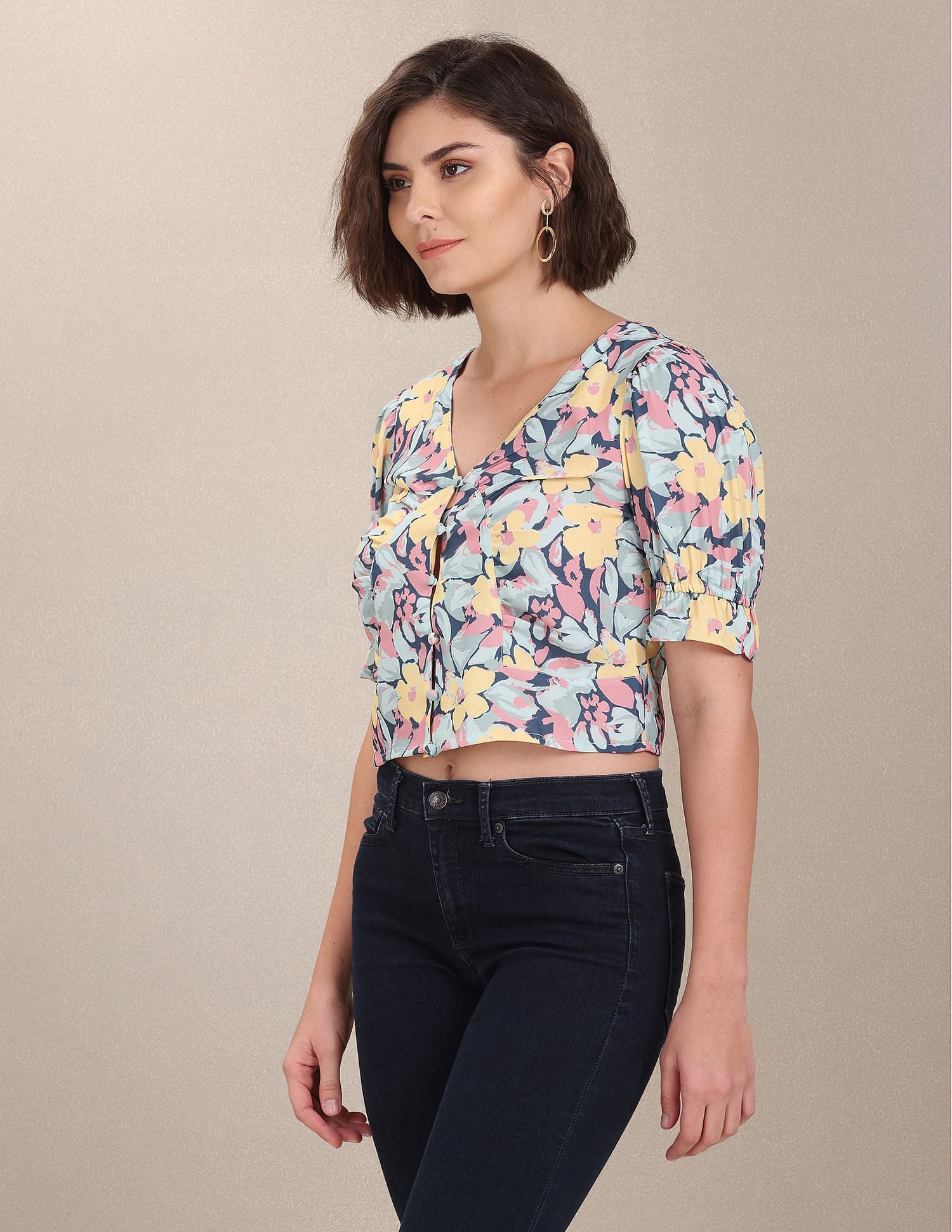 V-Neck Puff Sleeve Crop Top Yellow, Pink and Blue - U.S. Polo Assn. India | Large