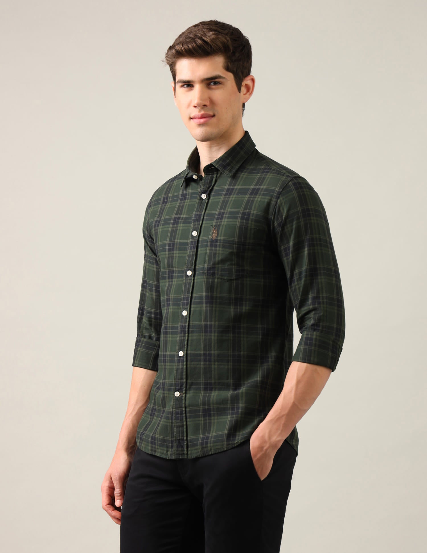 Tartan Checked Tailored Fit Shirt Green - U.S. Polo Assn. India | Large