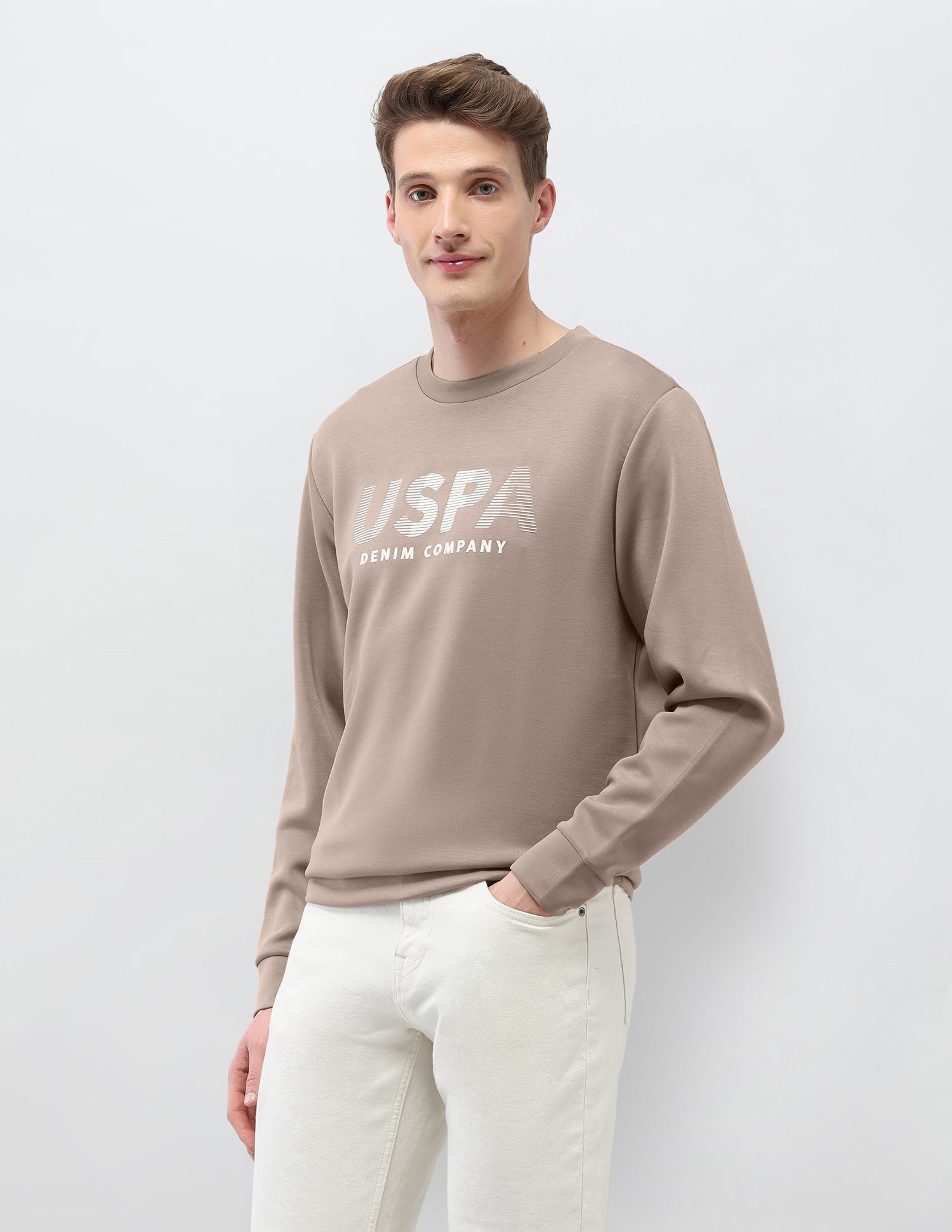 Brand Embossed Regular Fit Sweatshirt Light Khaki - U.S. Polo Assn. India | Large