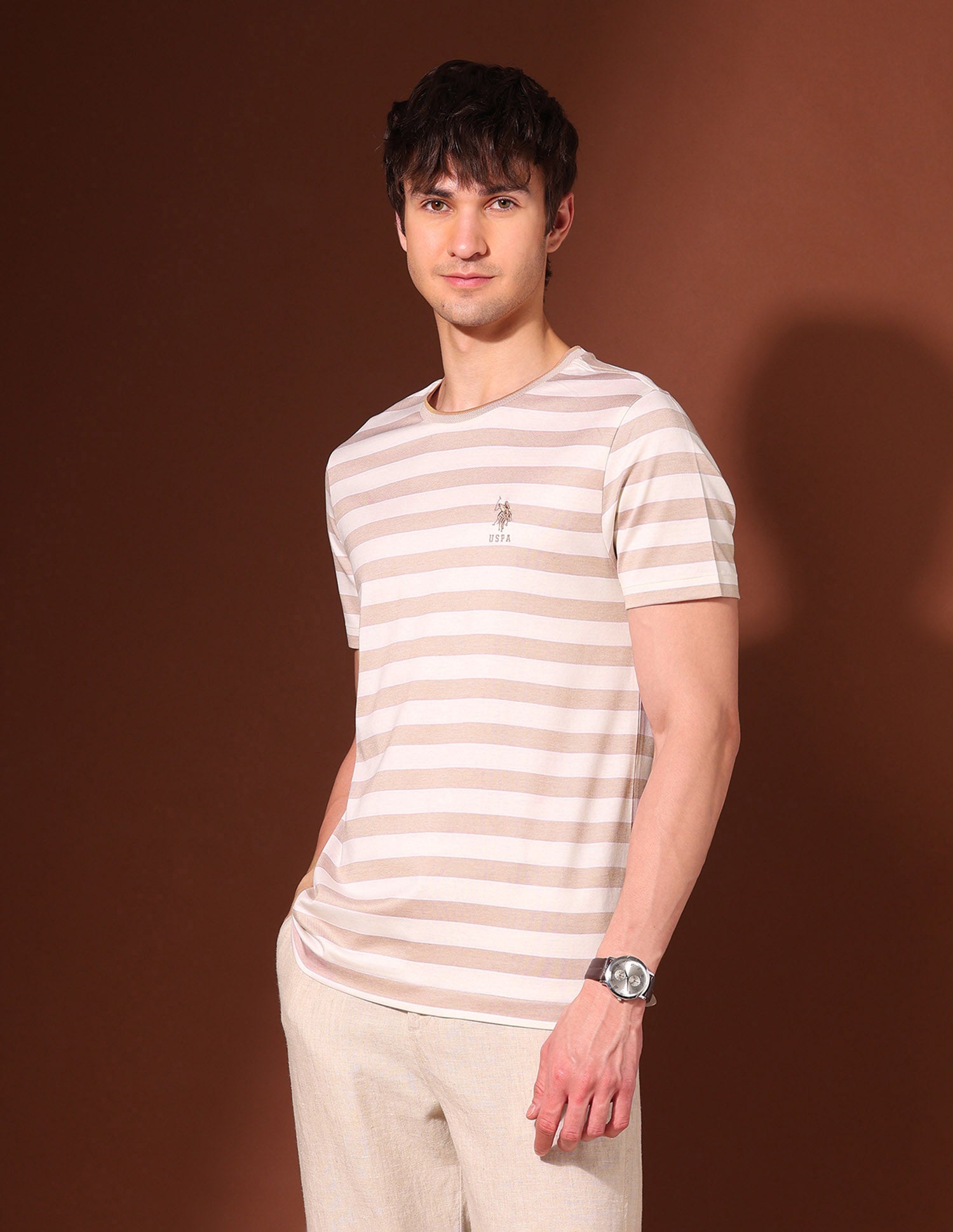Horizontal Striped Working Holiday T-Shirt Beige - U.S. Polo Assn. India | Large