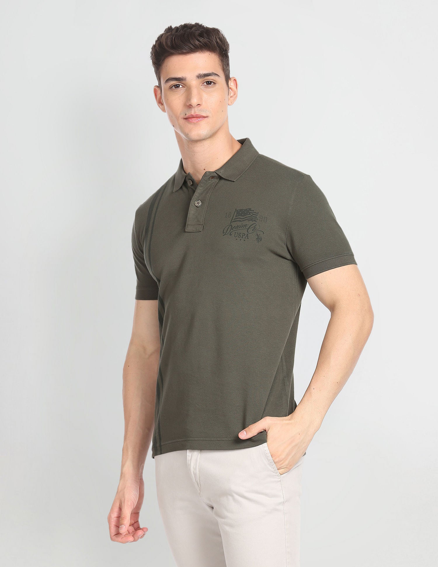 Vertical Stripe Cotton Polo Shirt Olive - U.S. POLO ASSN. | Large