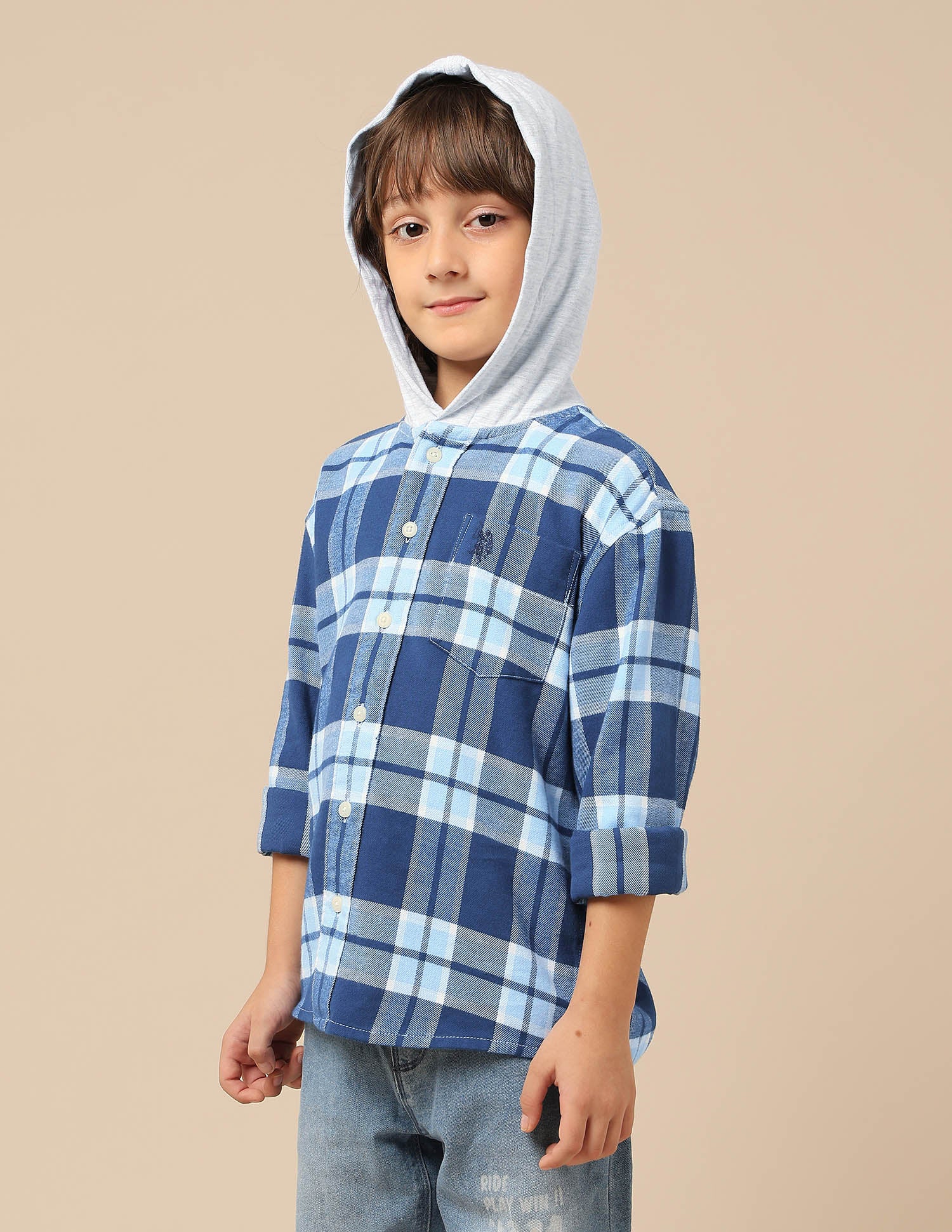 Boys Tartan Checked Hooded Shacket Navy - U.S. POLO ASSN. | Large