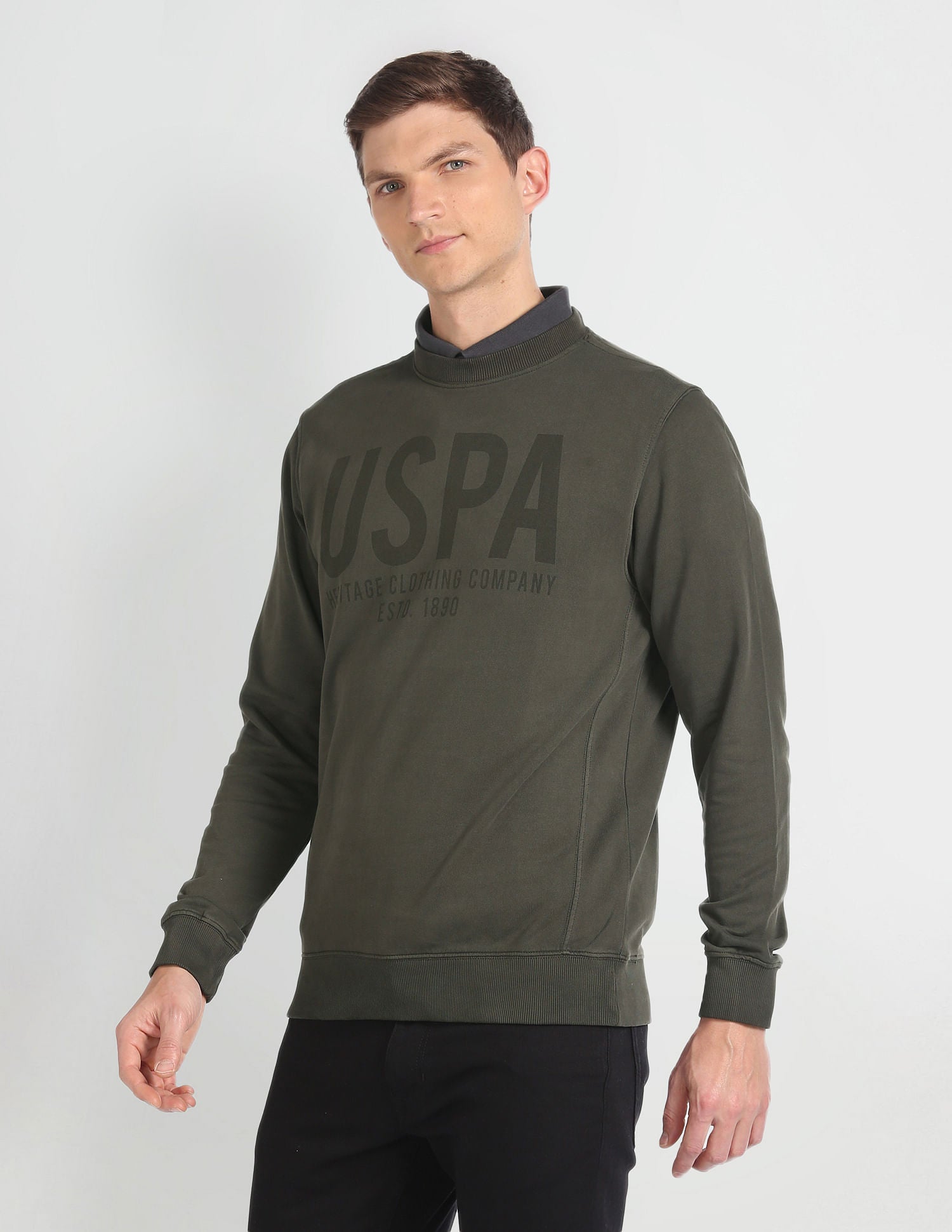 Crew Neck Brand Print Sweatshirt Olive - U.S. POLO ASSN. | Large