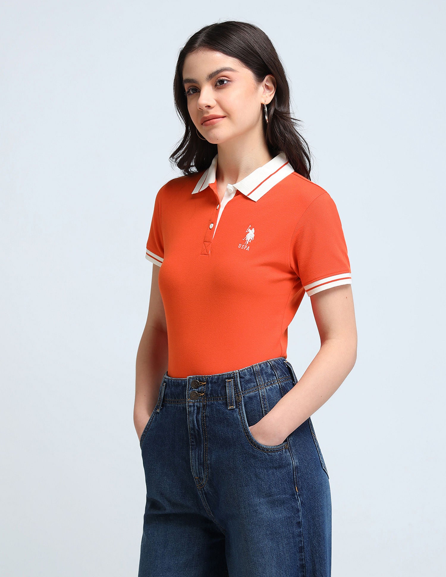 Contrast Striped Collar Solid Polo Shirt Orange - U.S. POLO ASSN. | Large