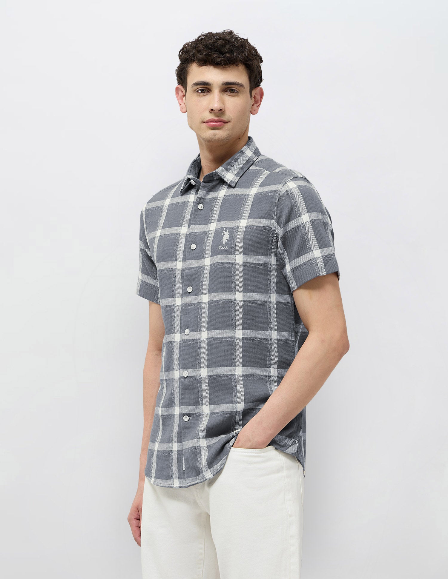 Textured With Grid Checked Dobby Shirt Grey - U.S. POLO ASSN. | Large