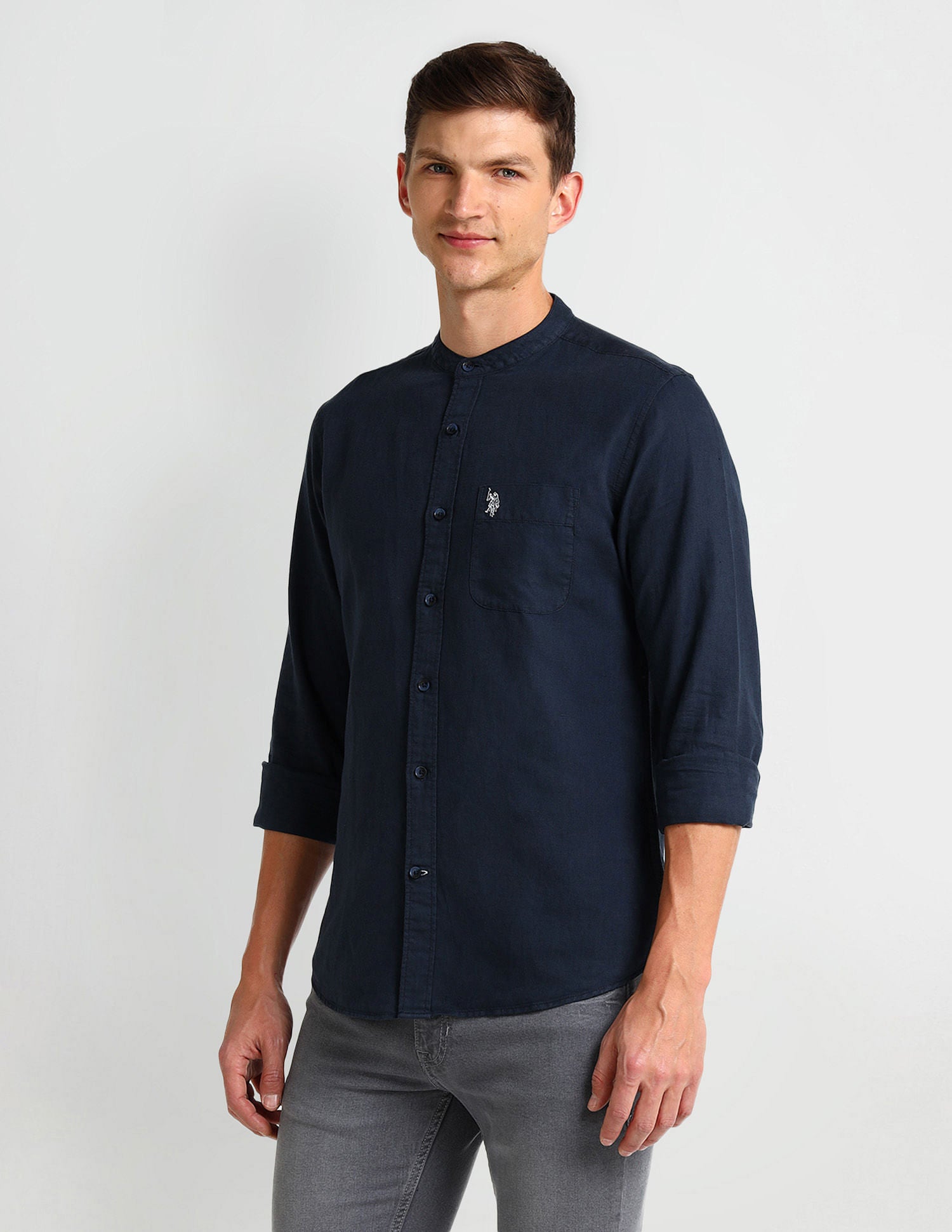 Slim Fit Poplin Linen Shirt Blue - U.S. Polo Assn. India | Large
