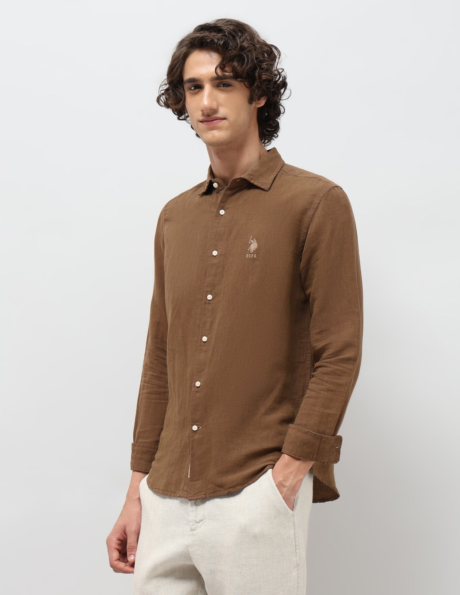 Solid Regular Fit Shirt Khaki - U.S. Polo Assn. India | Large
