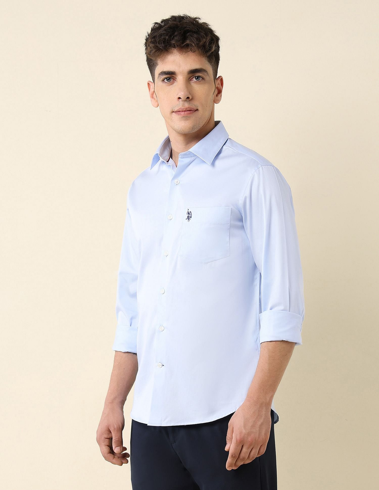 Tailored Fit Satin Shirt Light Blue - U.S. Polo Assn. India | Large