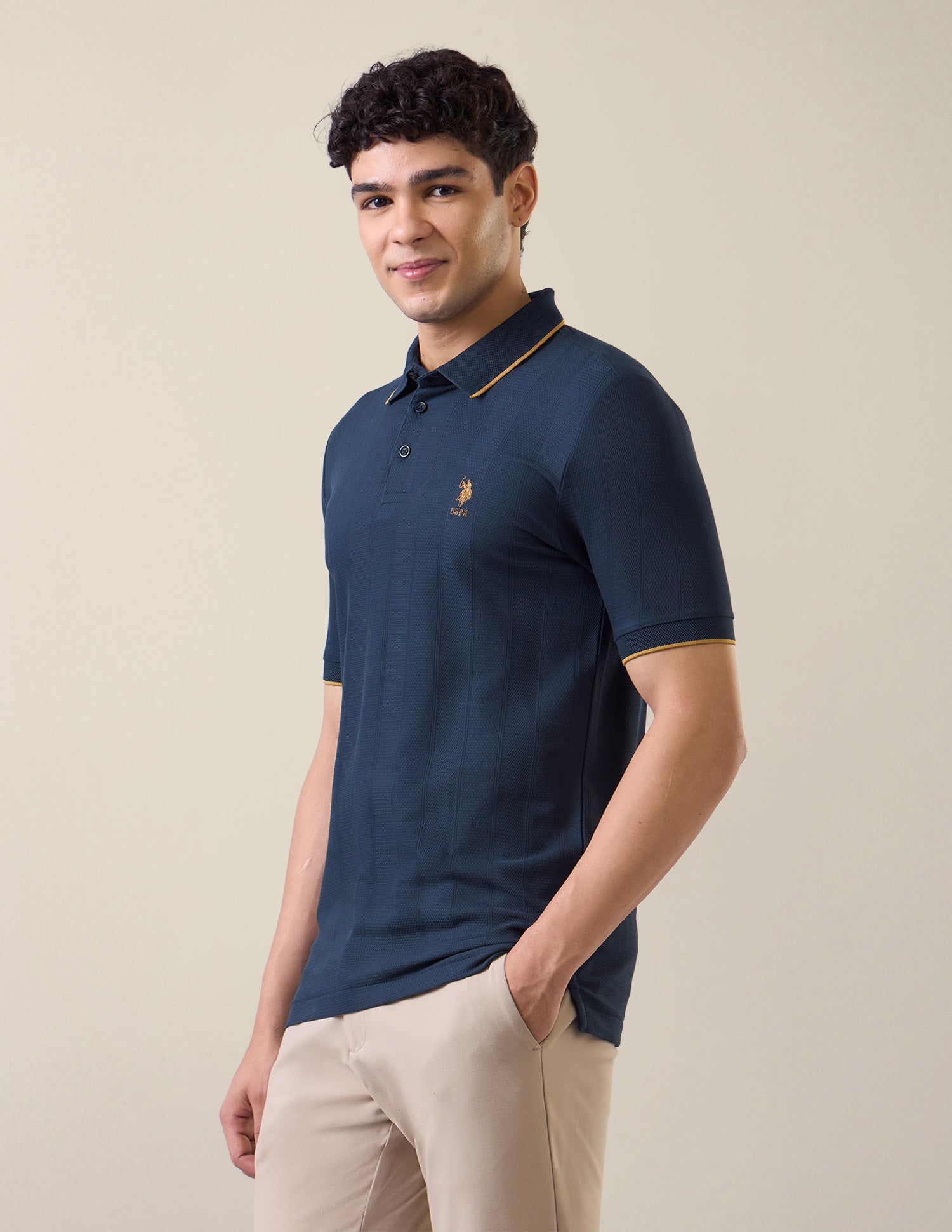 Self Design Vertical Striped Slim Fit Polo Shirt Dark Blue - U.S. Polo Assn. India | Large