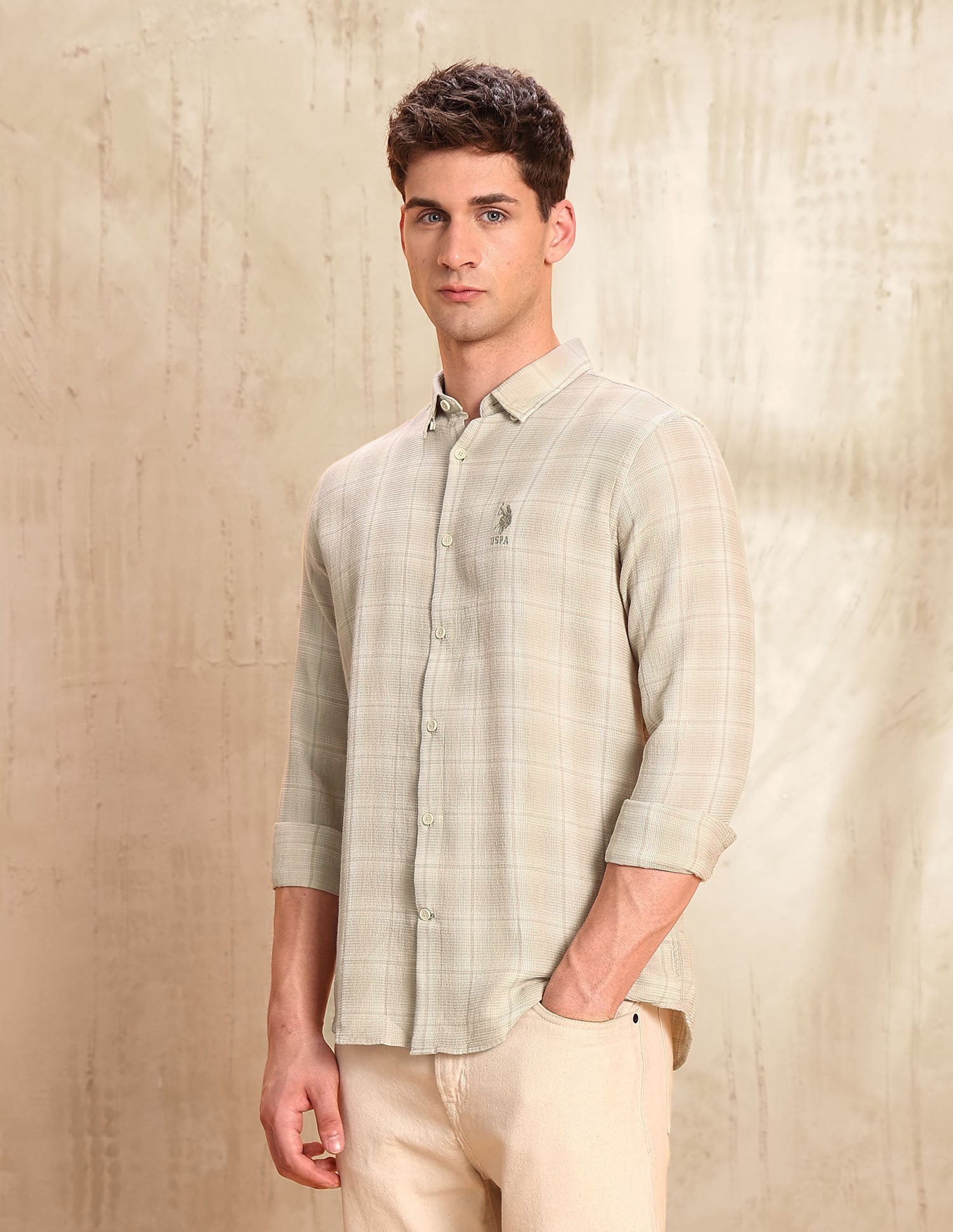 Dobby Regular Fit Shirt Beige - U.S. POLO ASSN. | Large