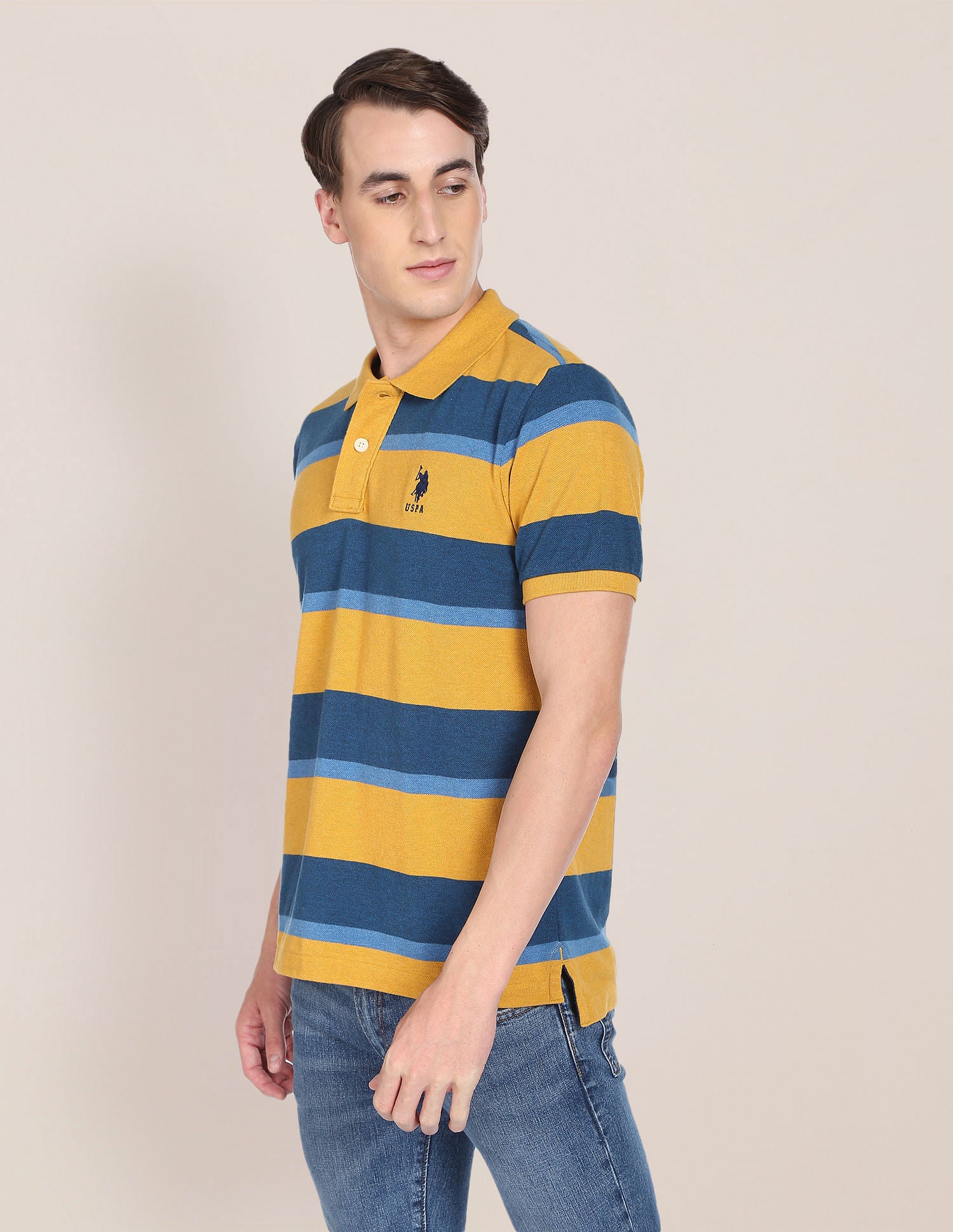 Ribbed Collar Horizontal Striped Polo Shirt Mustard and Blue - U.S. Polo Assn. India | Large