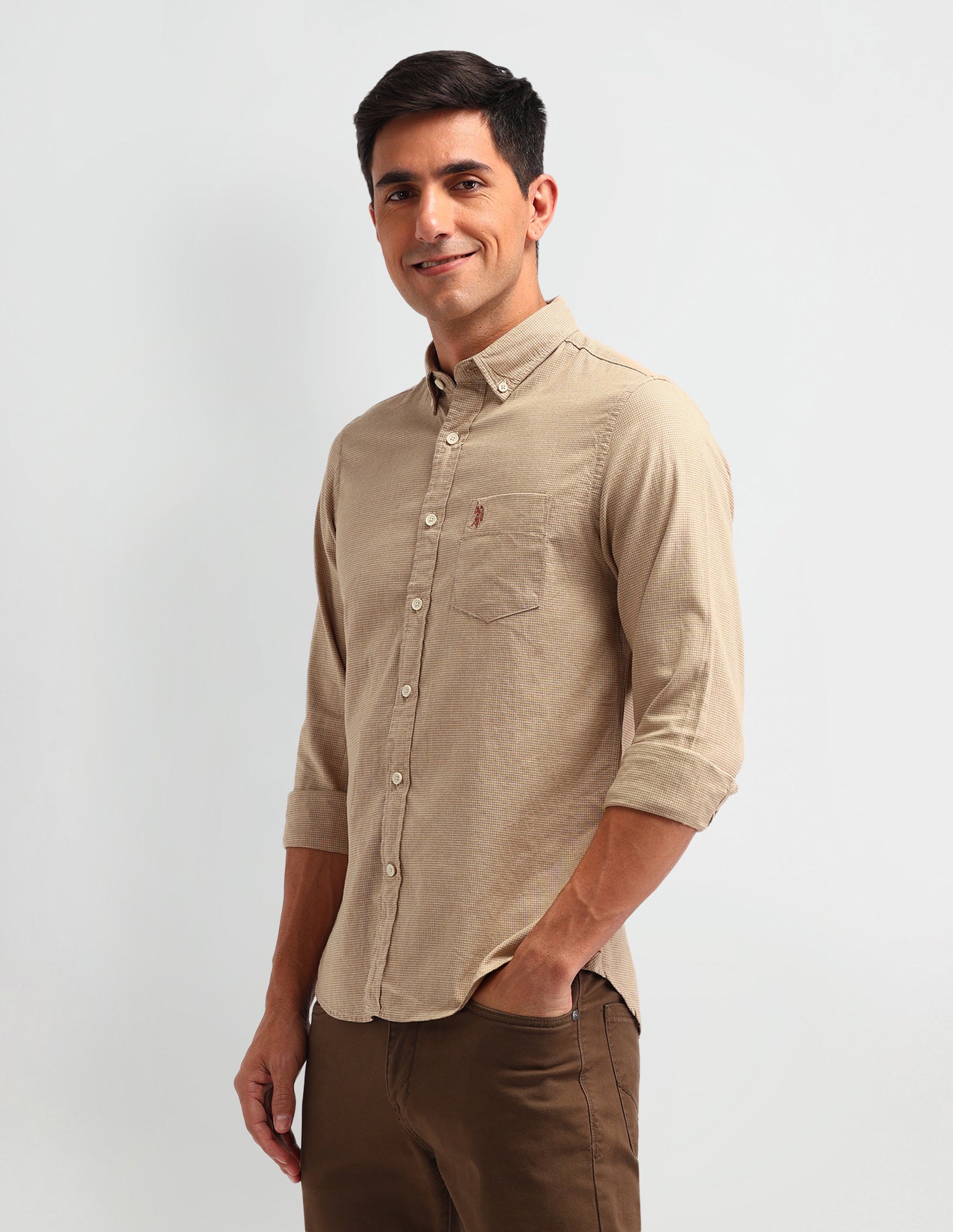 Textured Slim Fit Shirt Khaki - U.S. Polo Assn. India | Large
