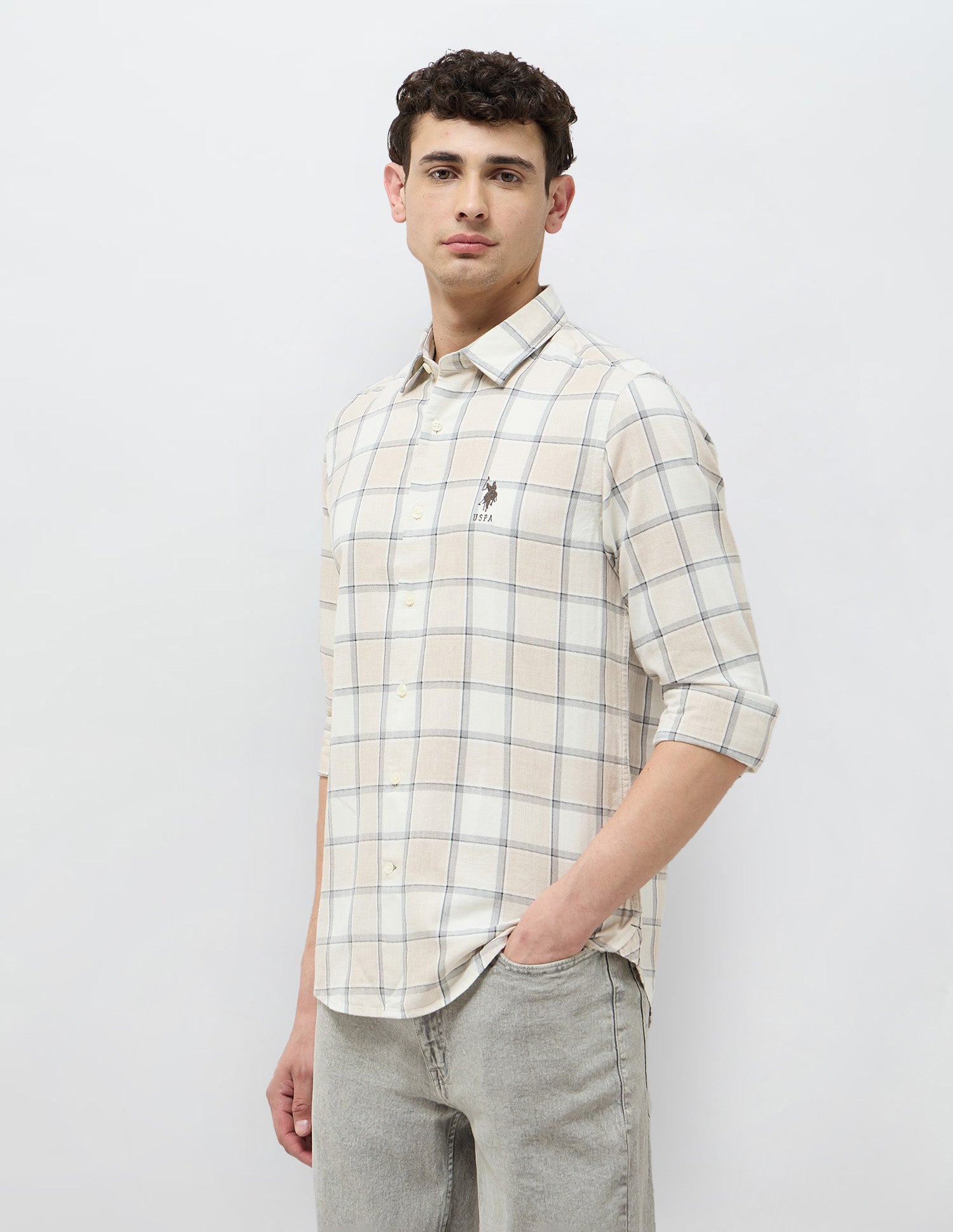 Grid Tattersall Checked Twill Shirt Ecru - U.S. POLO ASSN. | Large