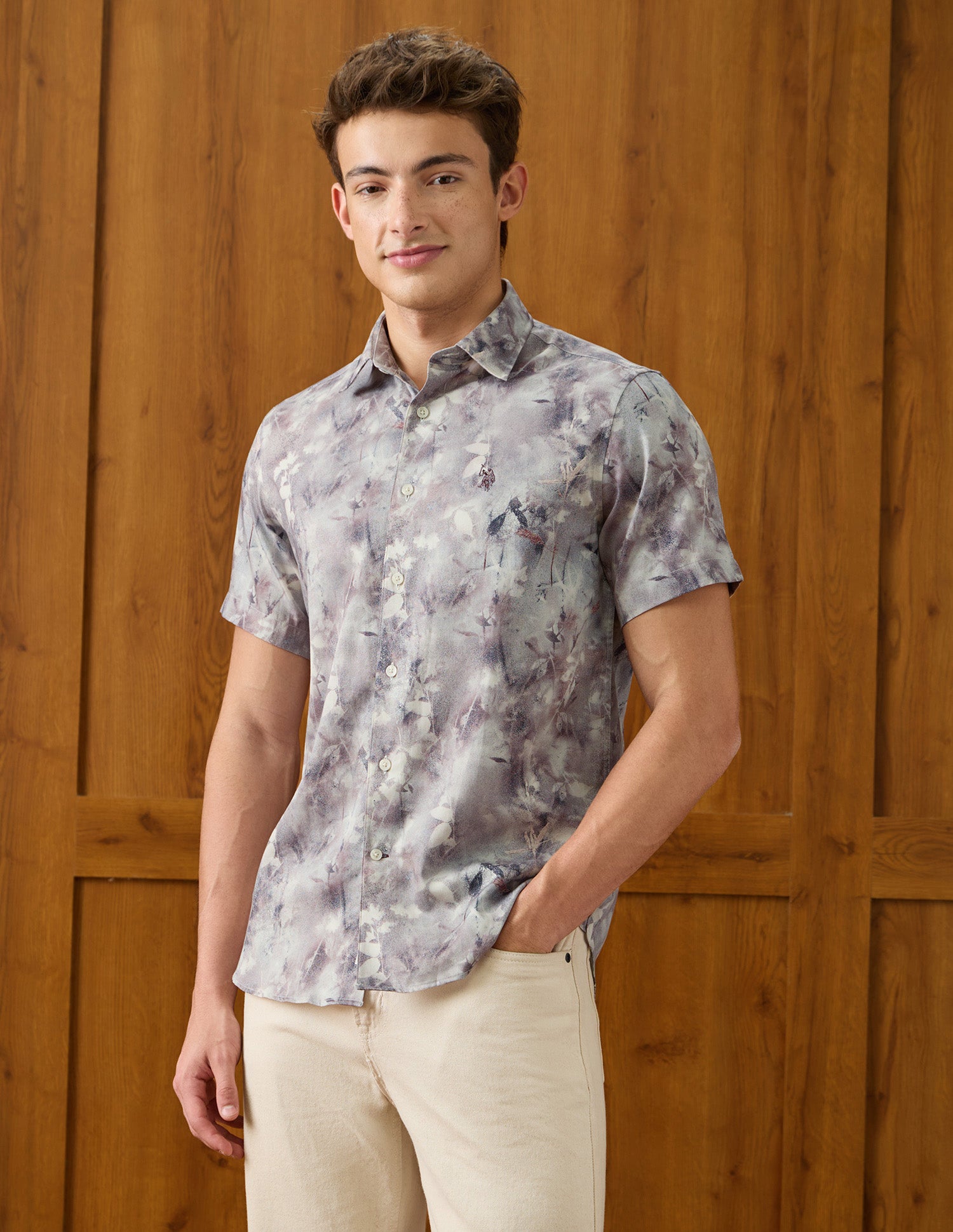 Tropical Printed Satin Shirt Light Grey - U.S. Polo Assn. India | Large