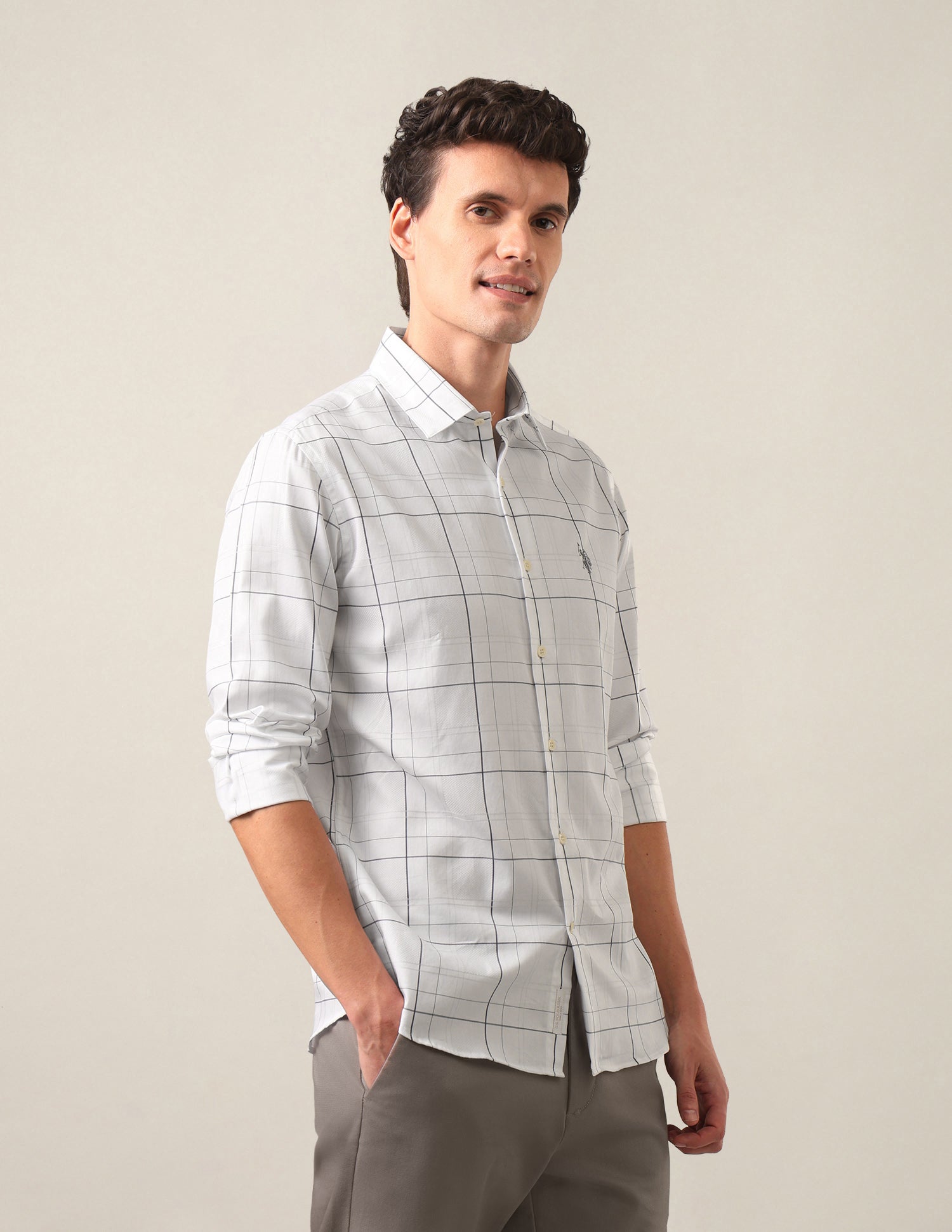 Windowpane Checked Satin Shirt Grey - U.S. Polo Assn. India | Large