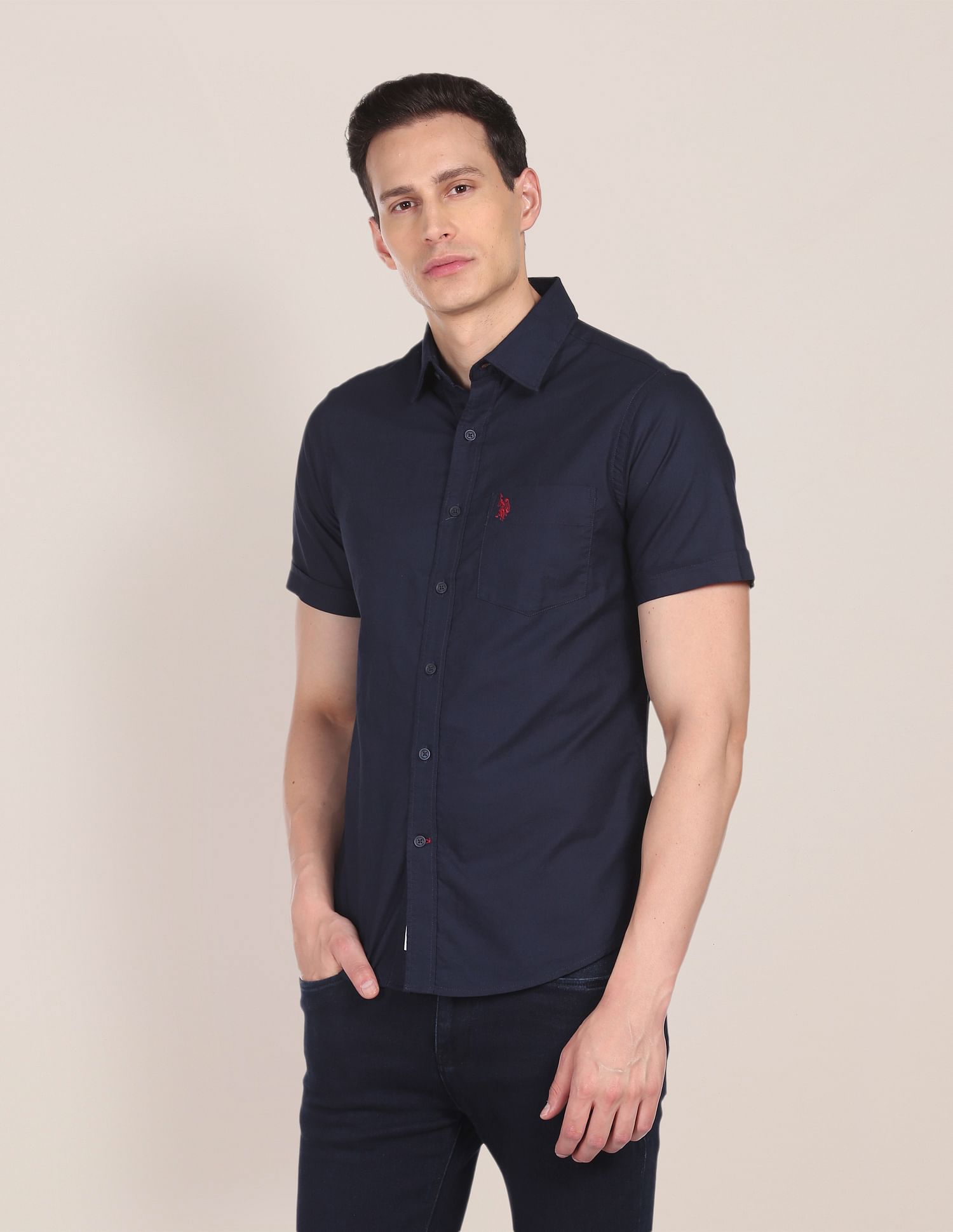 Short Sleeve Cotton Solid Casual Shirt Navy - U.S. Polo Assn. India | Large