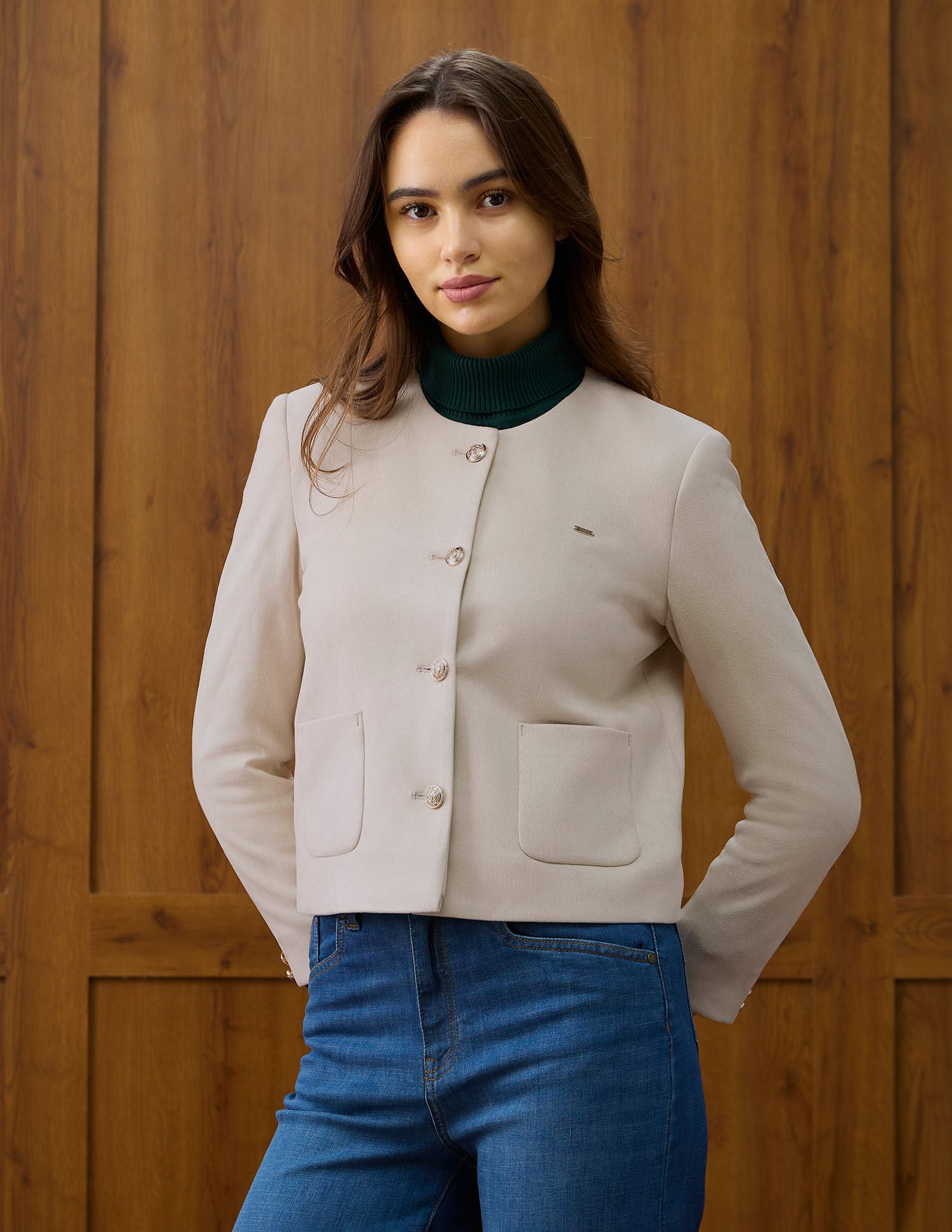 Solid Regular Fit Round Neck Jacket Beige - U.S. POLO ASSN. | Large