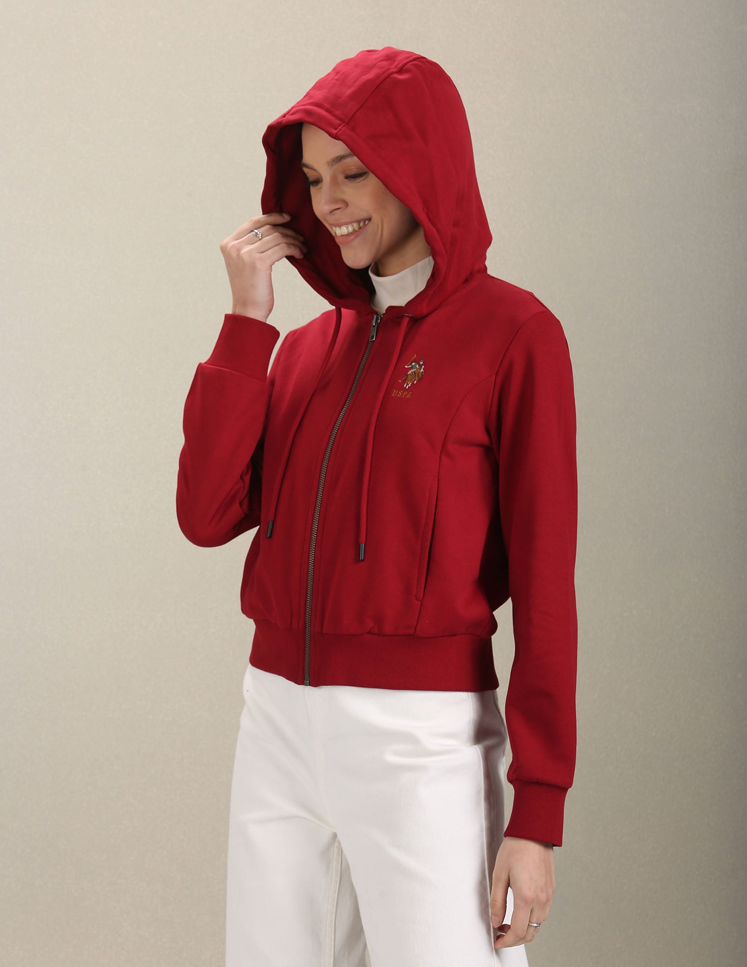 Solid Zip Up Hooded Sweatshirt Maroon - U.S. Polo Assn. India | Large