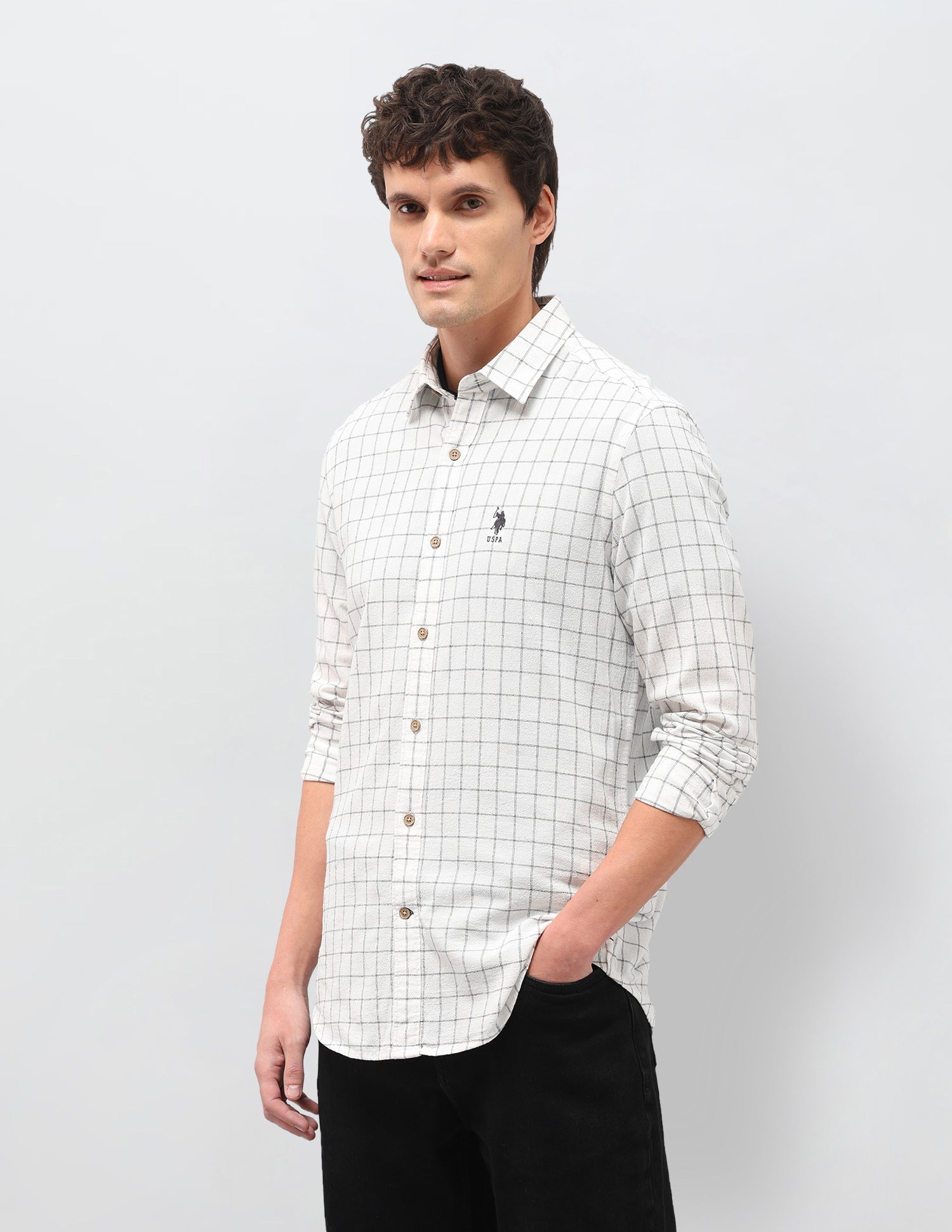 Windowpane Checked Regular Fit Shirt White - U.S. Polo Assn. India | Large
