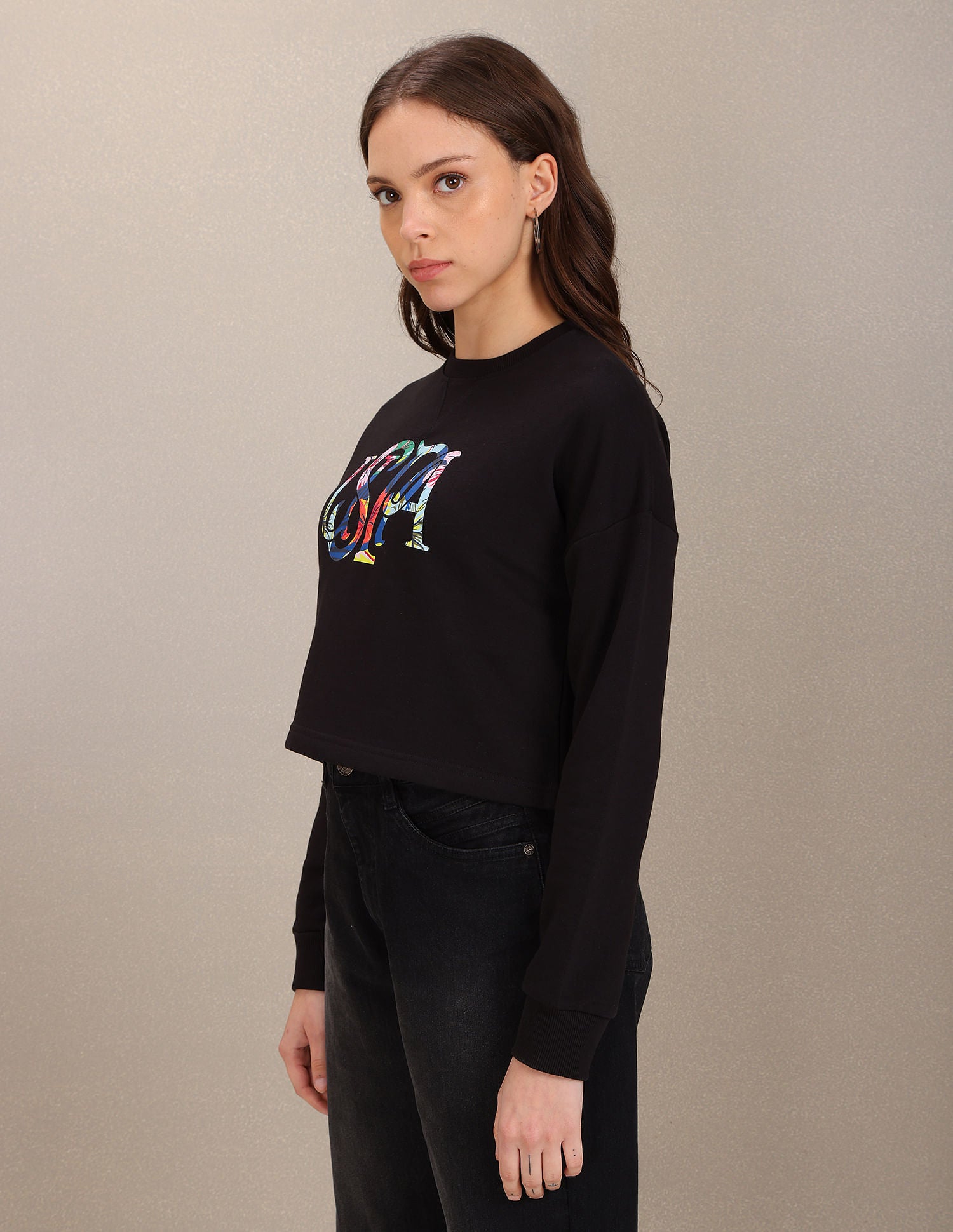 Crew Neck Typographic Print Crop Sweatshirt Black - U.S. Polo Assn. India | Large