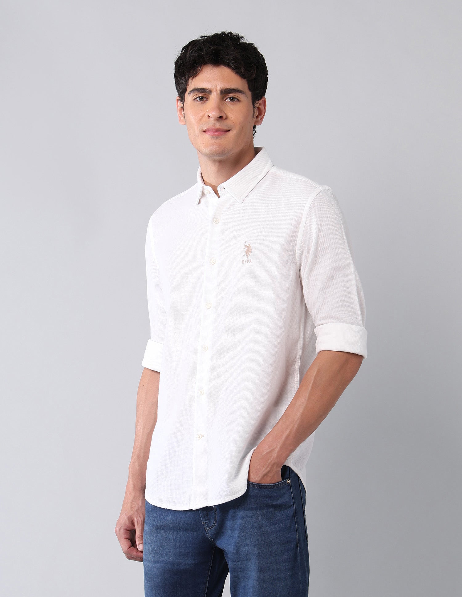 Pure Cotton Regular Fit Dobby Shirt White - U.S. Polo Assn. India | Large