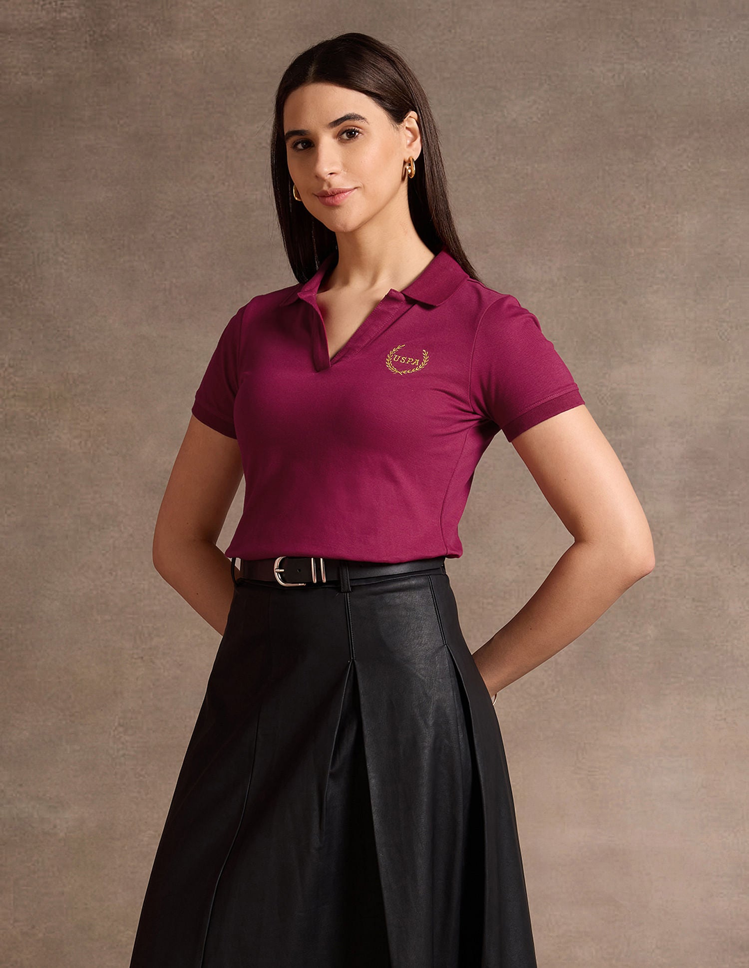 Lurex Branding V Neck Polo Shirt Wine - U.S. POLO ASSN. | Large