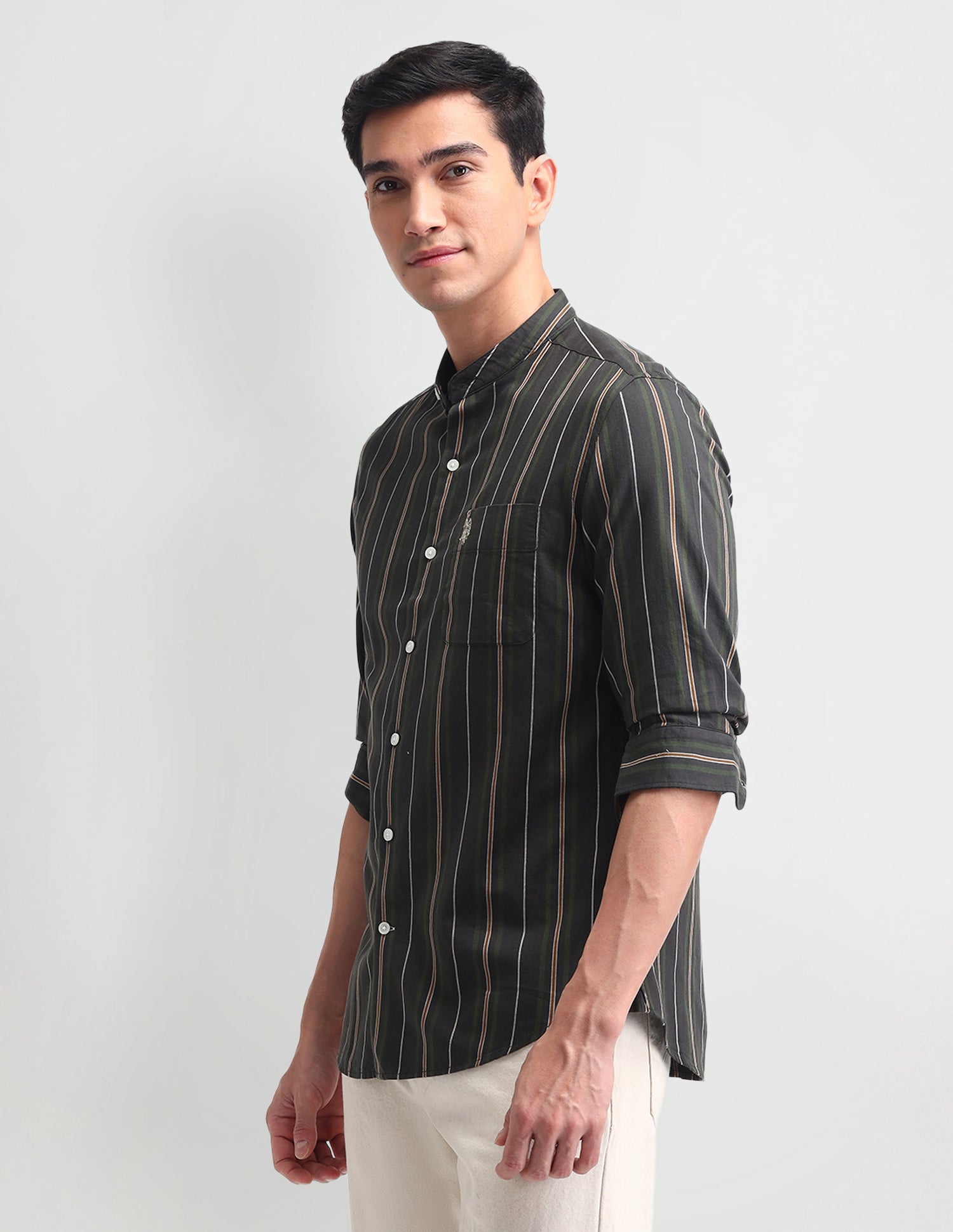 Vertical Striped Slim Fit Shirt Dark olive - U.S. POLO ASSN. | Large