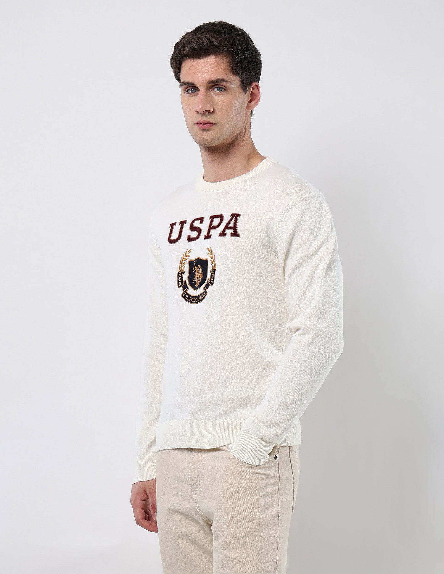 Brand Embroidered Patterned Knit Sweater Off White - U.S. POLO ASSN. | Large