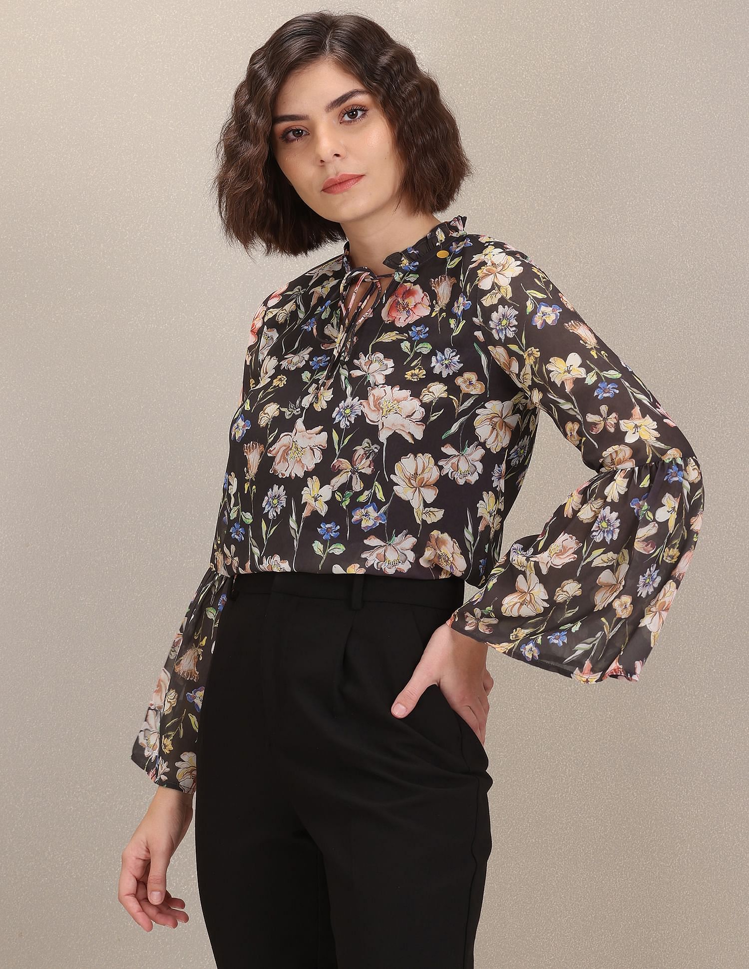 Floral Print Bell Sleeve Top Black - U.S. Polo Assn. India | Large