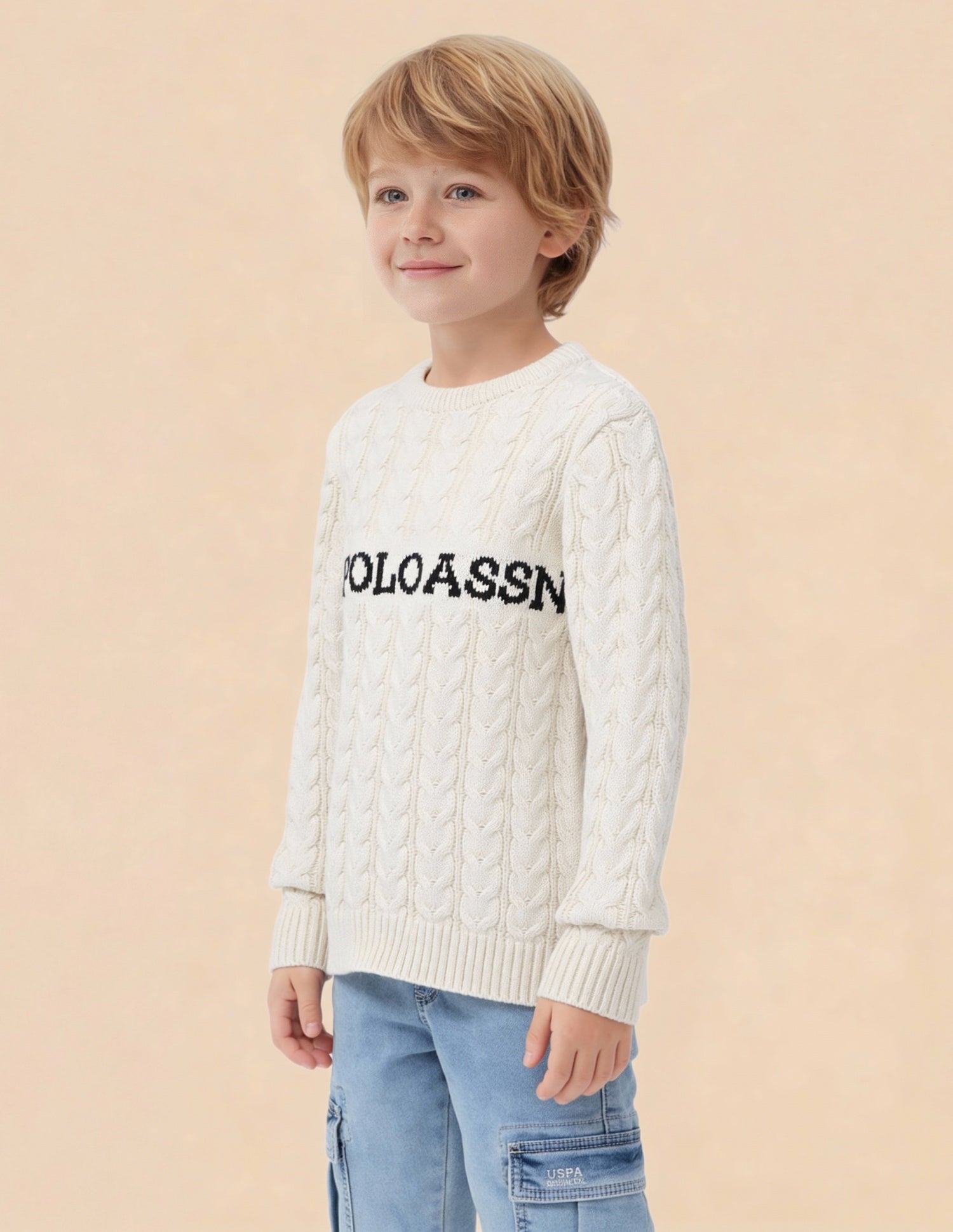 Boys Cable Knit Logo Regular Fit Sweater Off White - U.S. Polo Assn. India | Large