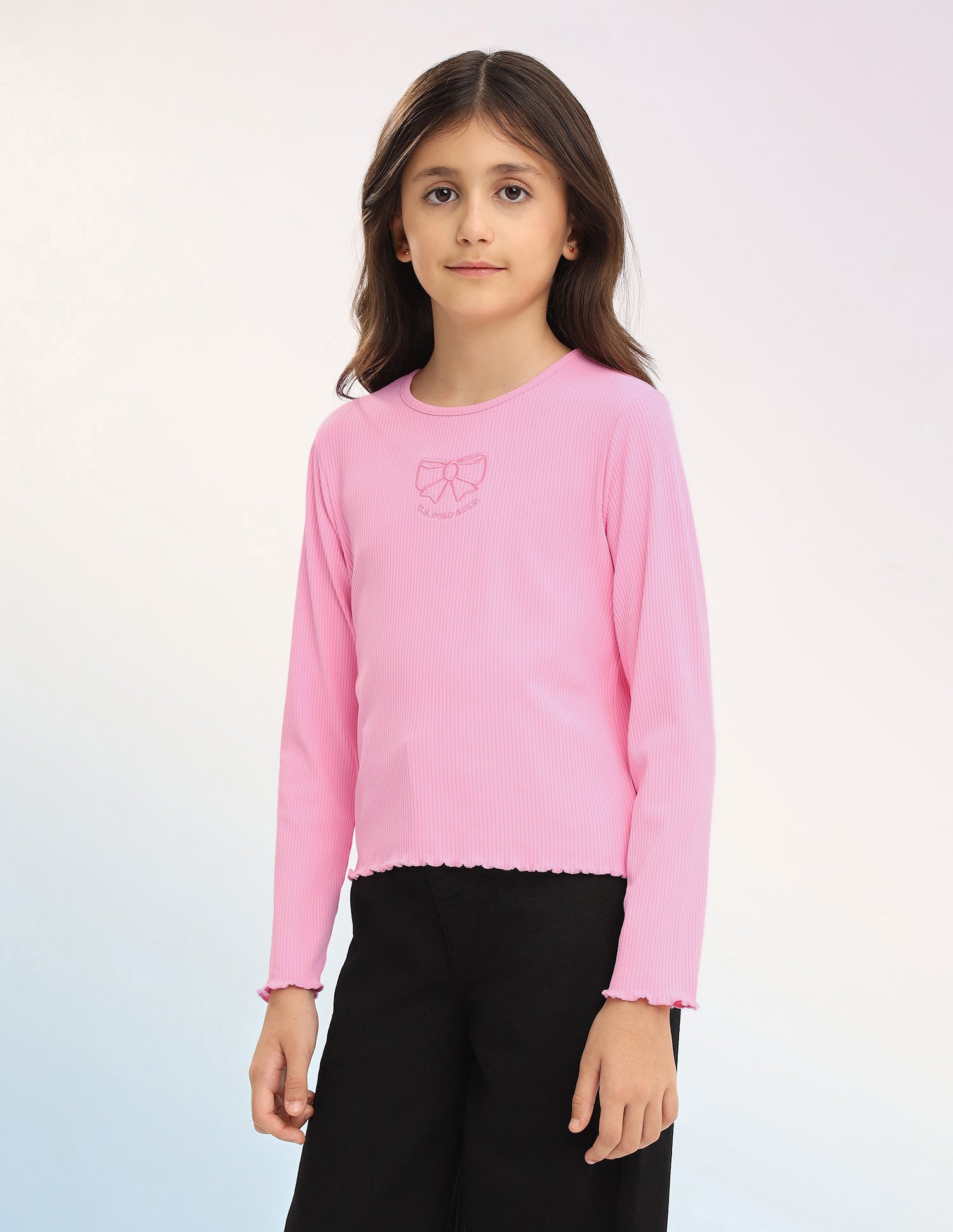 Girls Patterned Knit Regular Fit T-Shirt Pink - U.S. POLO ASSN. | Large