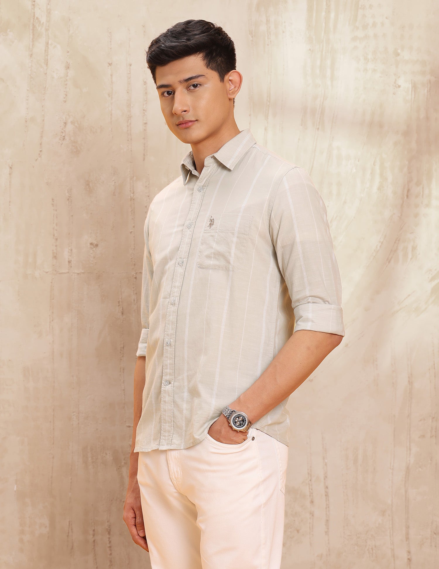 Vertical Striped Pure Cotton Shirt Light Khaki - U.S. POLO ASSN. | Large