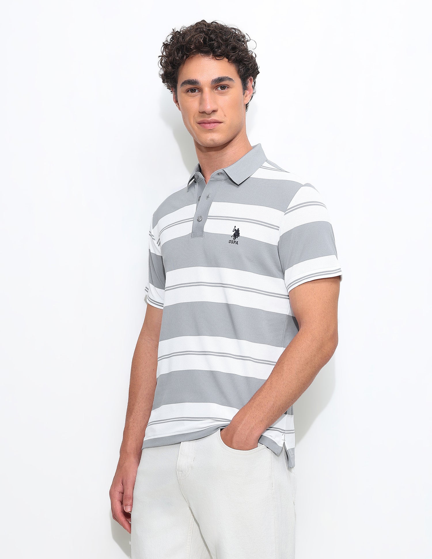 Horizontal Striped Slim Fit Polo Shirt Light Grey - U.S. Polo Assn. India | Large