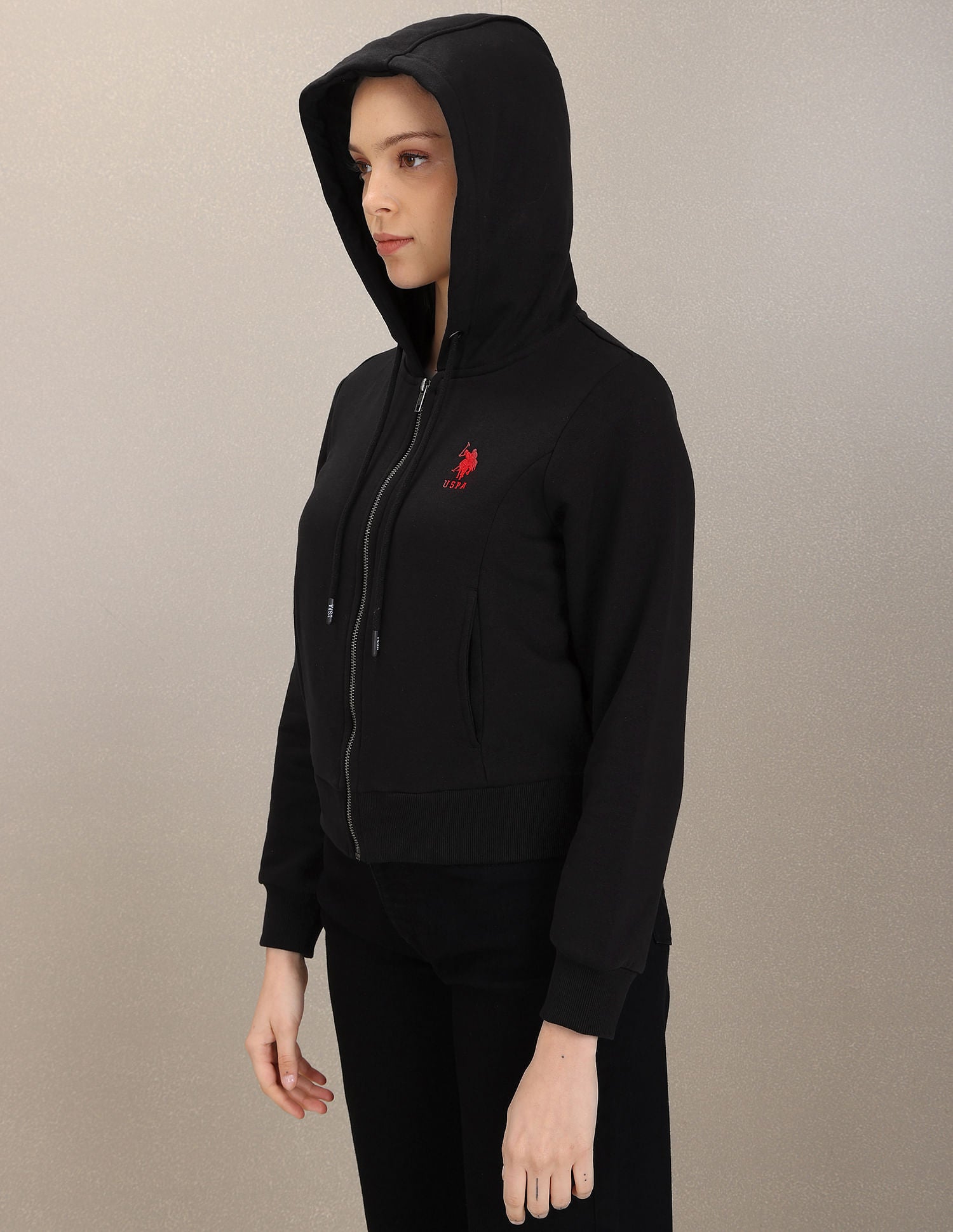 Full Zip Placket Solid Sweatshirt Black - U.S. POLO ASSN. | Large