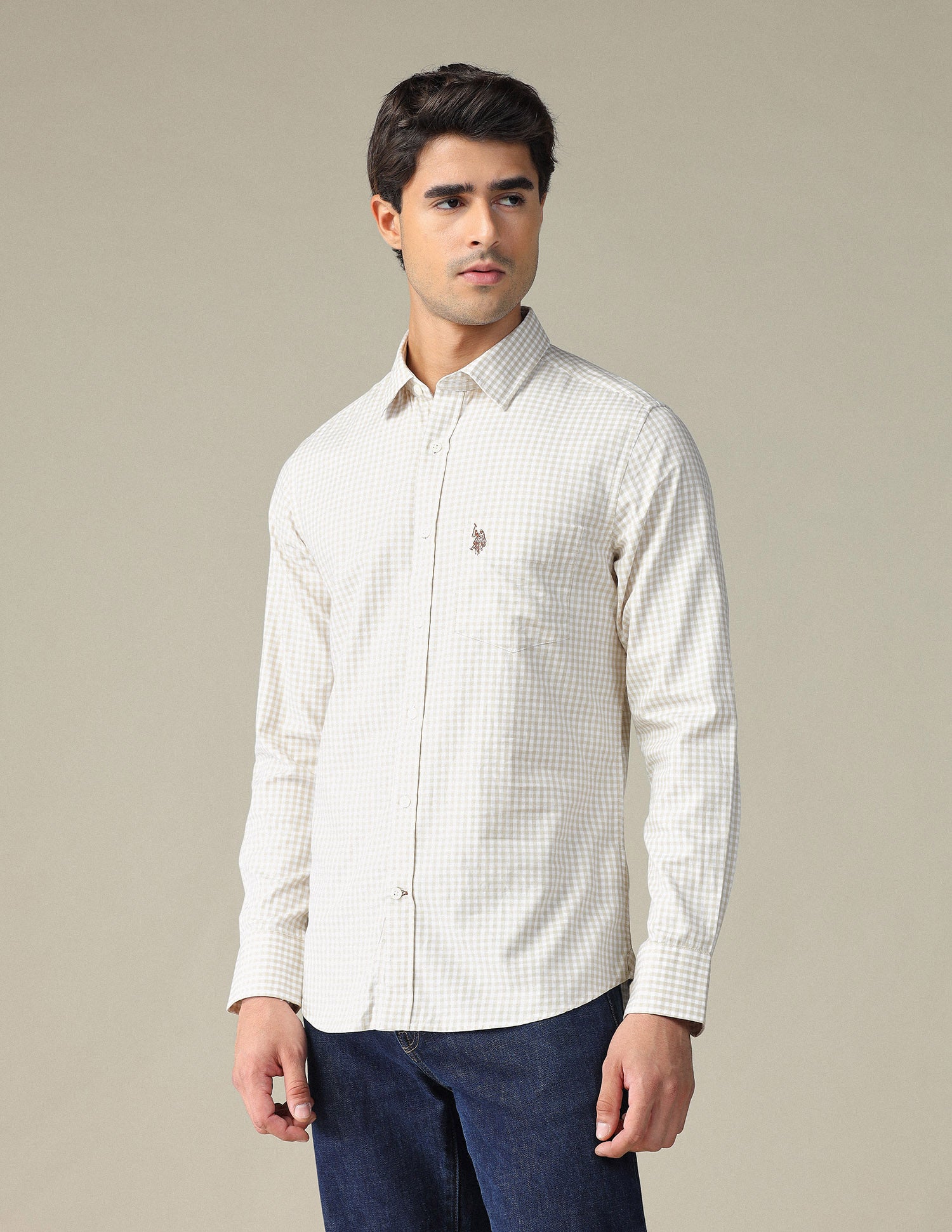 Pure Cotton Gingham Checked Shirt Beige - U.S. POLO ASSN. | Large