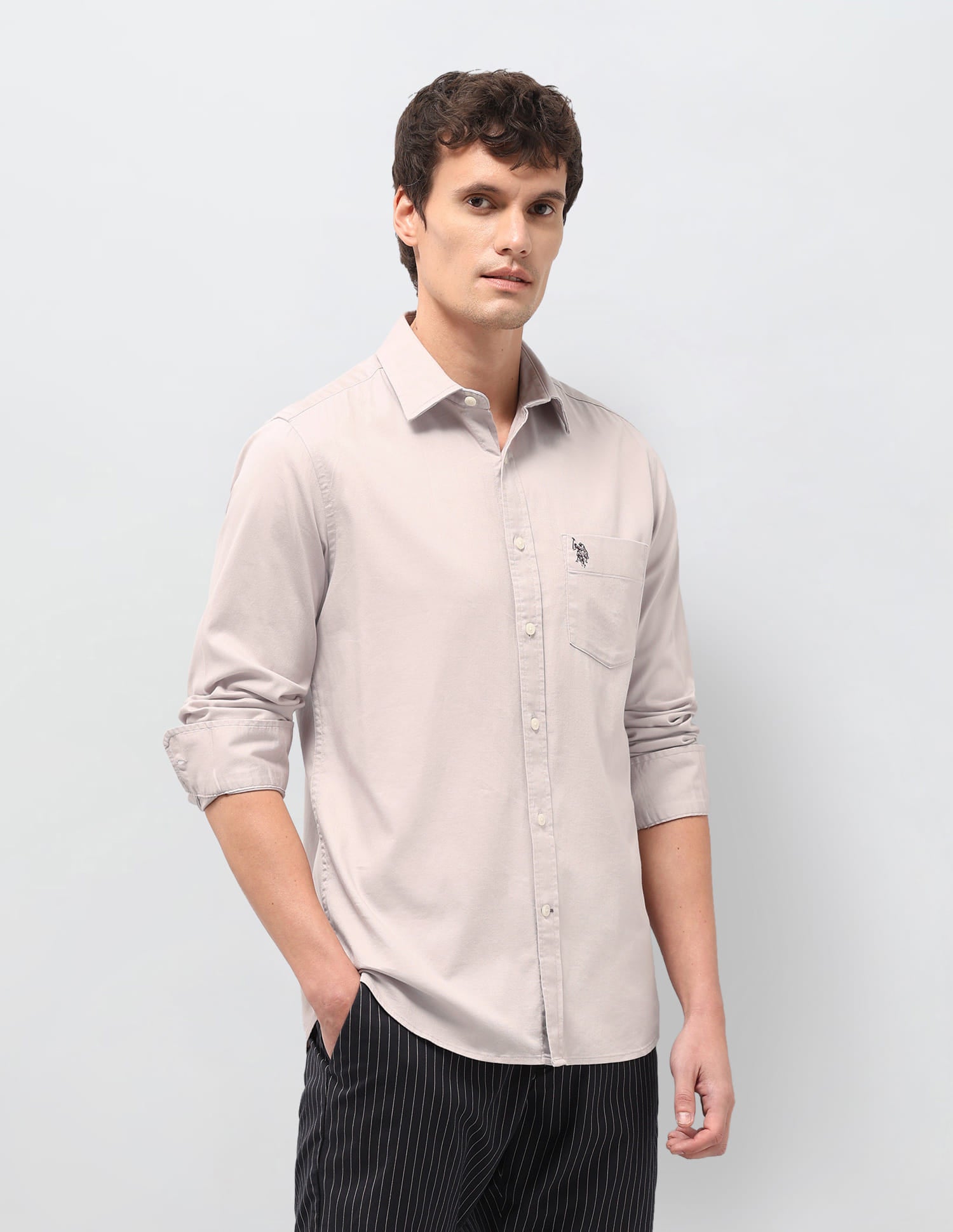 Solid Dobby Tailored Fit Shirt Beige - U.S. Polo Assn. India | Large