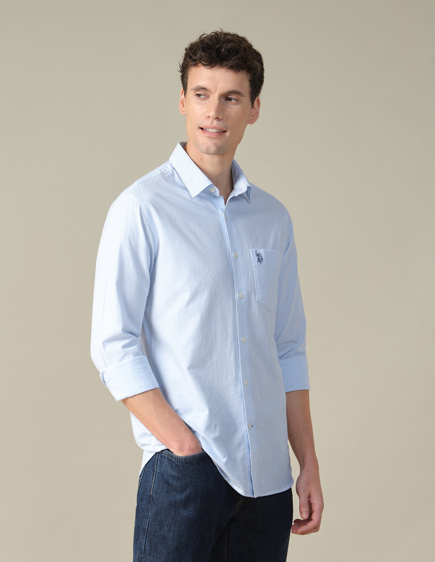 Vertical Striped Seersucker Shirt Light Blue - U.S. Polo Assn. India | Large