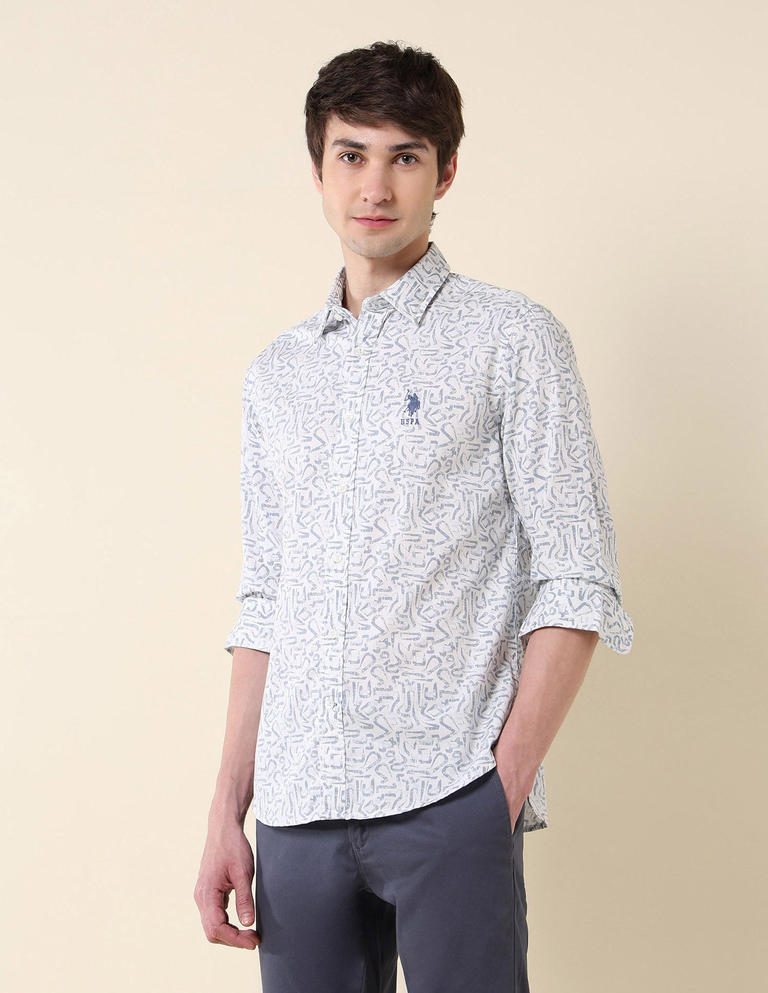 Abstract Printed Pure Cotton Shirt Light Blue - U.S. Polo Assn. India | Large