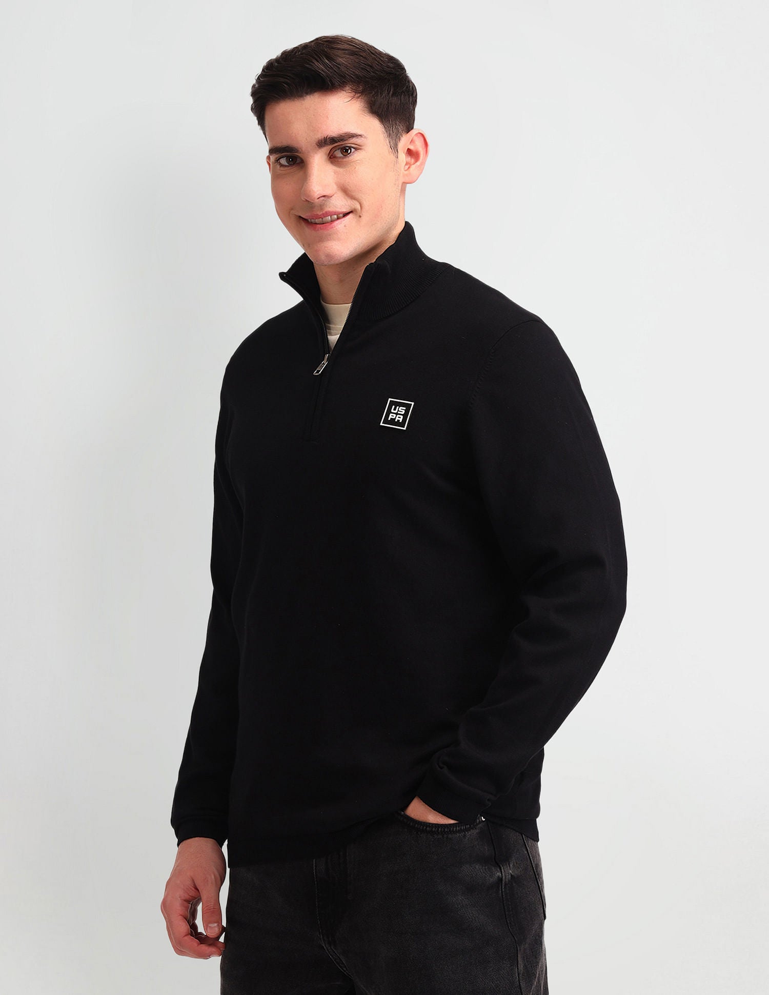 Half Zipper Solid Sweater Black - U.S. Polo Assn. India | Large