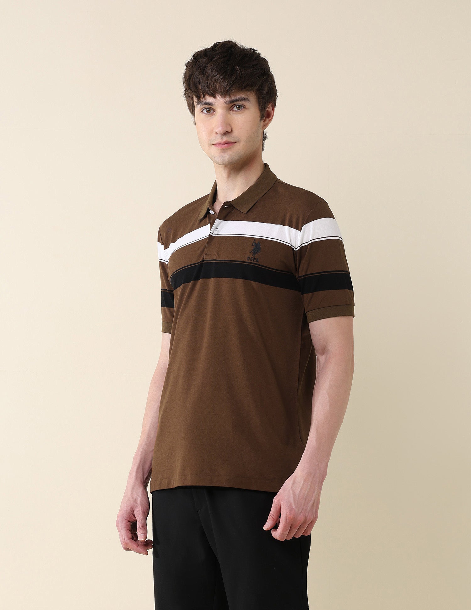 Horizontal Striped Modern Monochrome Polo Shirt Brown - U.S. Polo Assn. India | Large